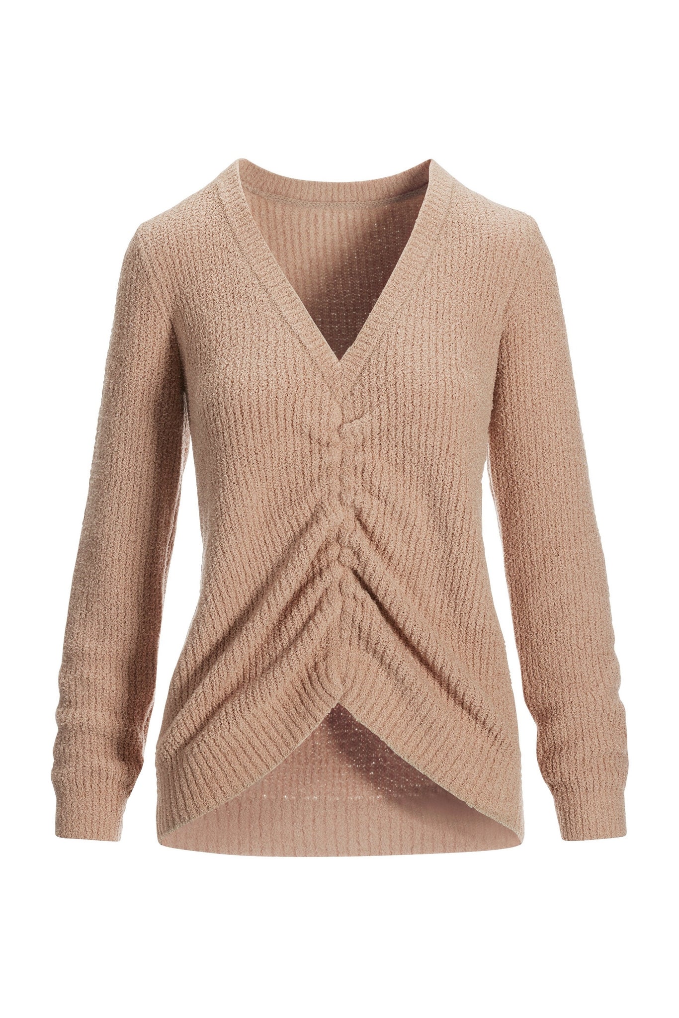 Textured Ruched V-Neck Knit Long-Sleeve Top Taupe - Mycitystee