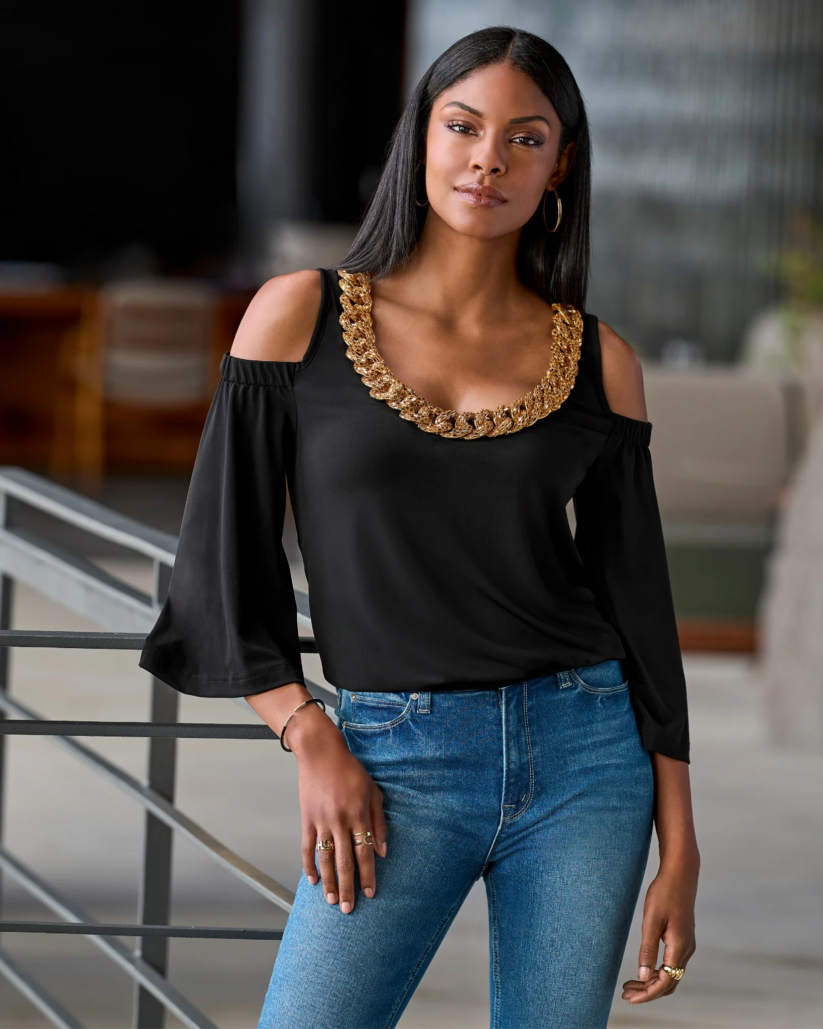 So Chic Cold Shoulder Heat Seal Chain Blouson Top Black - Mycitystee