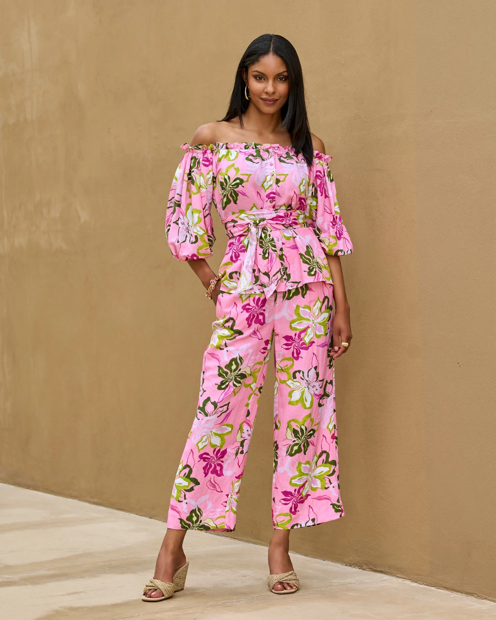 Malibu Linen Cropped Print Pant Painted Poppies - Mycitystee