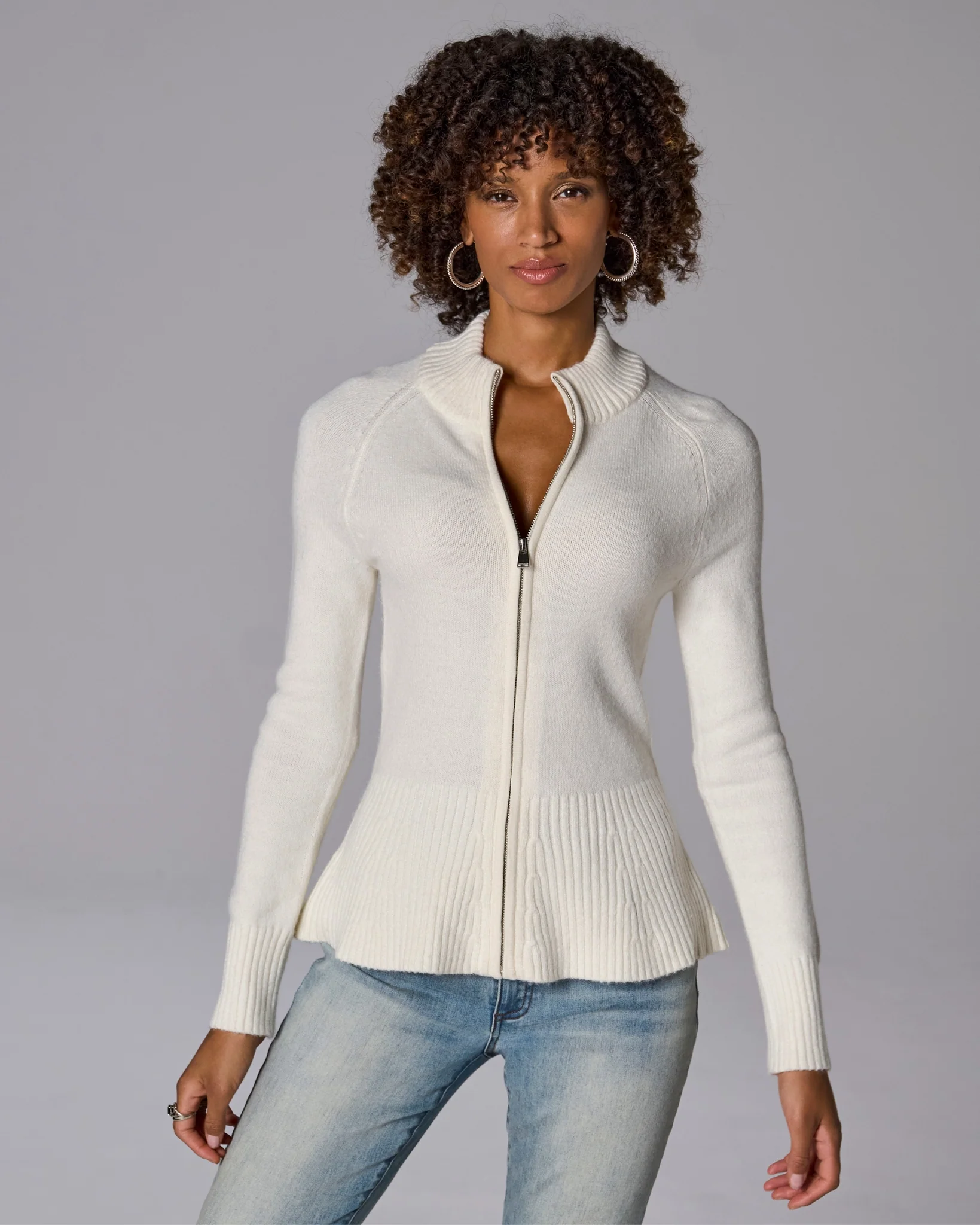 Rib Peplum Full Zip Cardigan Off White - Mycitystee