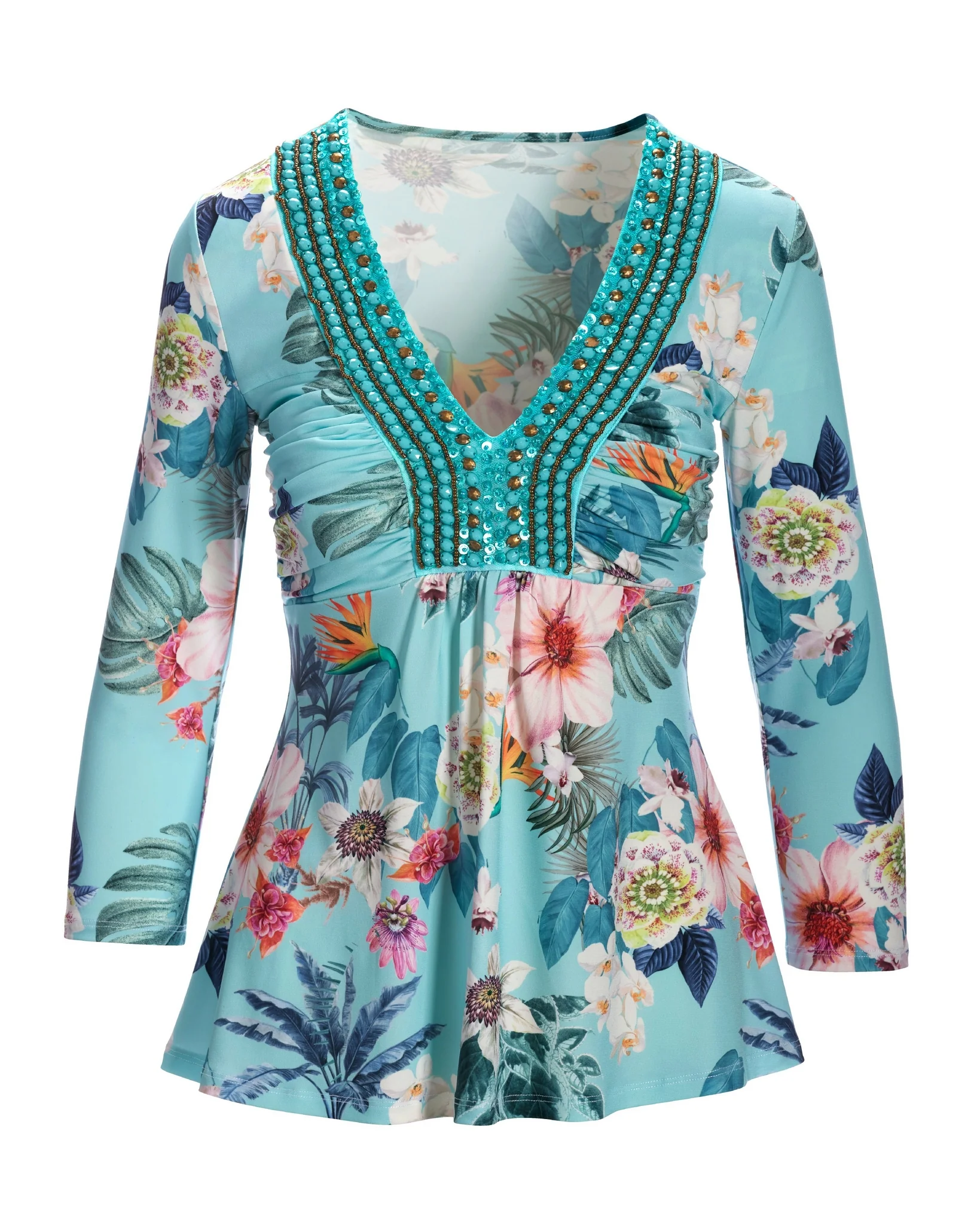 Barcelona Florals Embellished Knit Top Aqua - Mycitystee