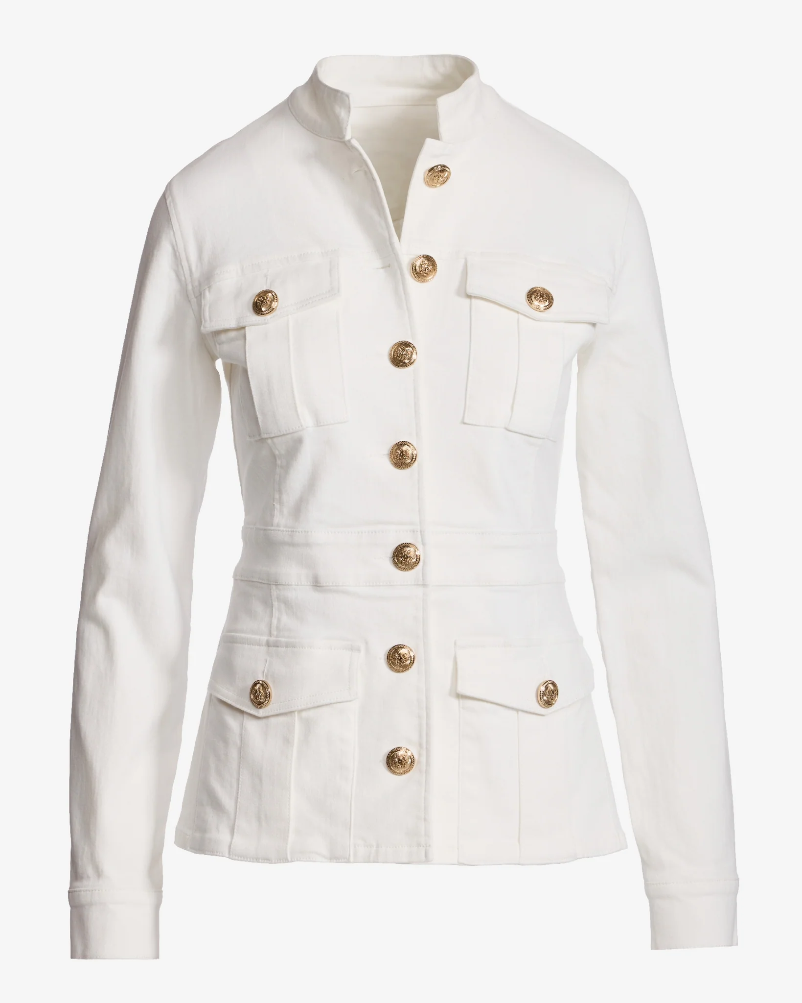 Crest Button Stretch Denim Luxe Utility Jacket Off White - Mycitystee