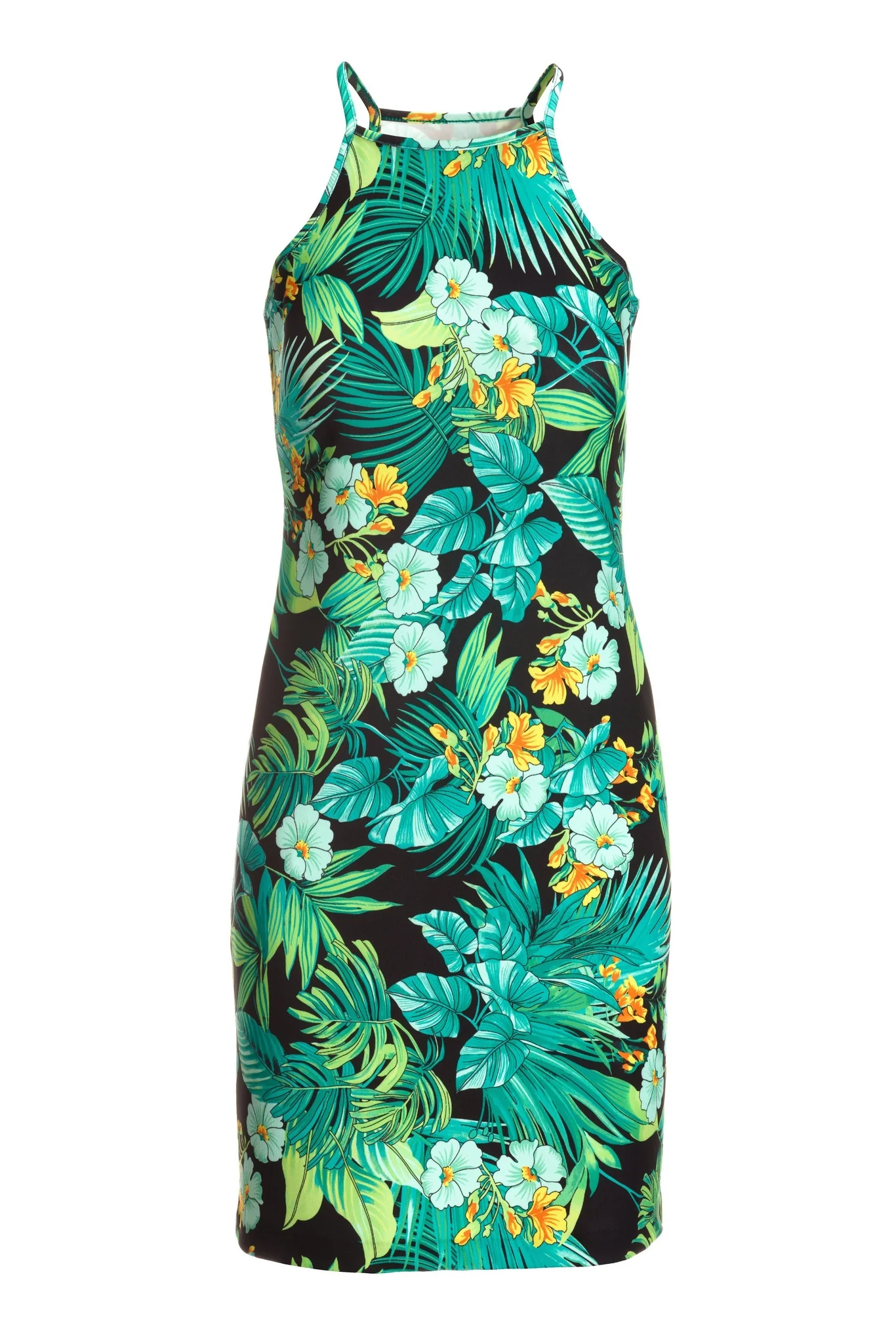 Beyond Travel Tropical Print High Neck Short Dress Green Multi - Mycitystee