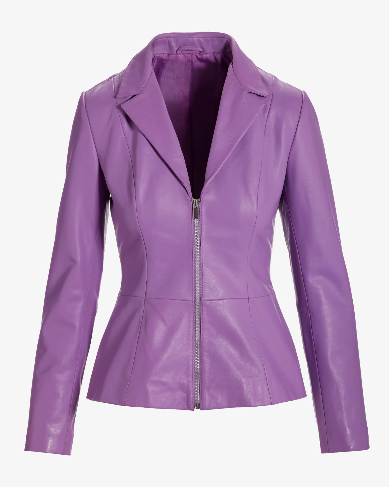 Genuine Leather Zip Collared Peplum Jacket Iris Orchid - Mycitystee