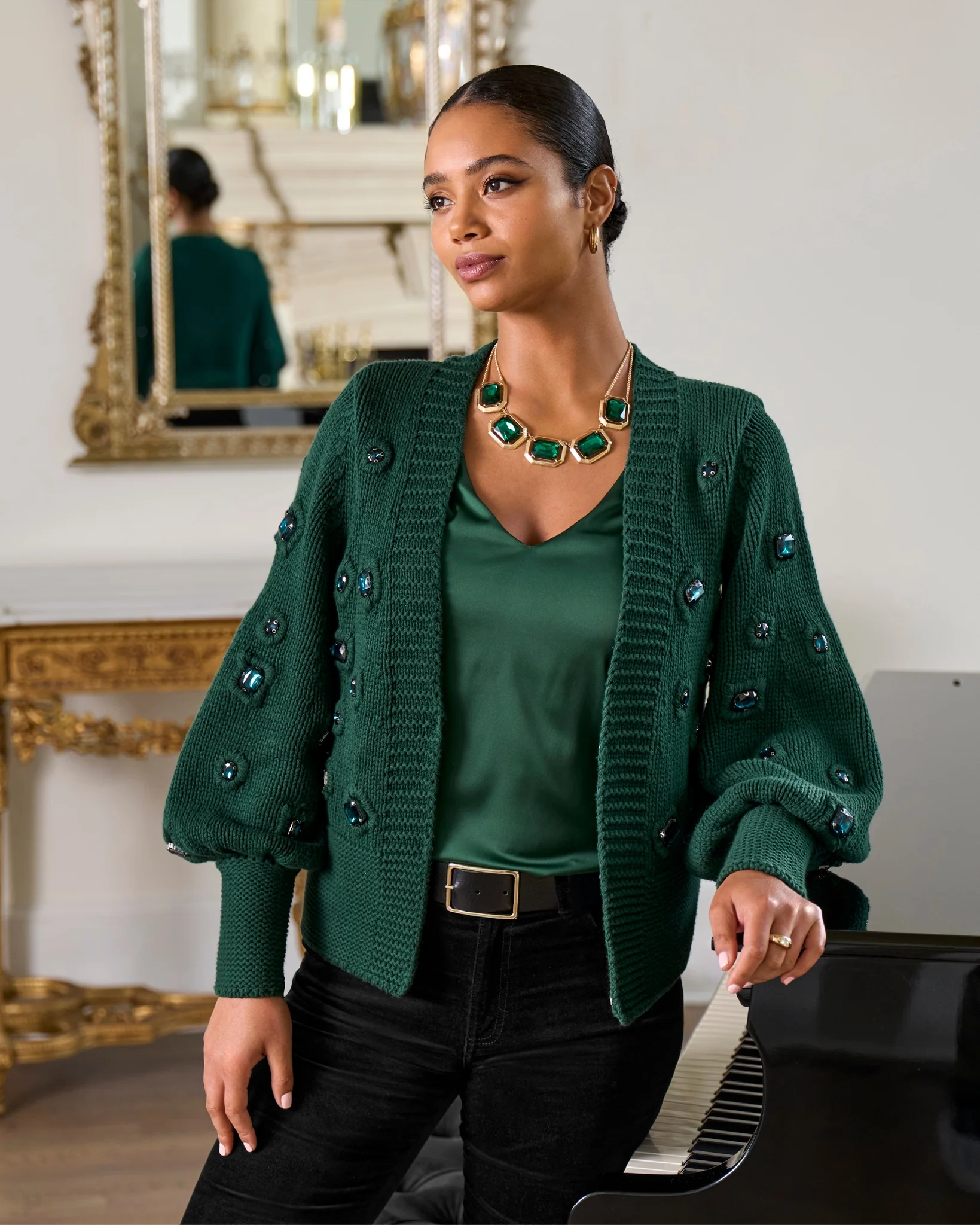 Gem Embellished Cardigan Deep Emerald - Mycitystee