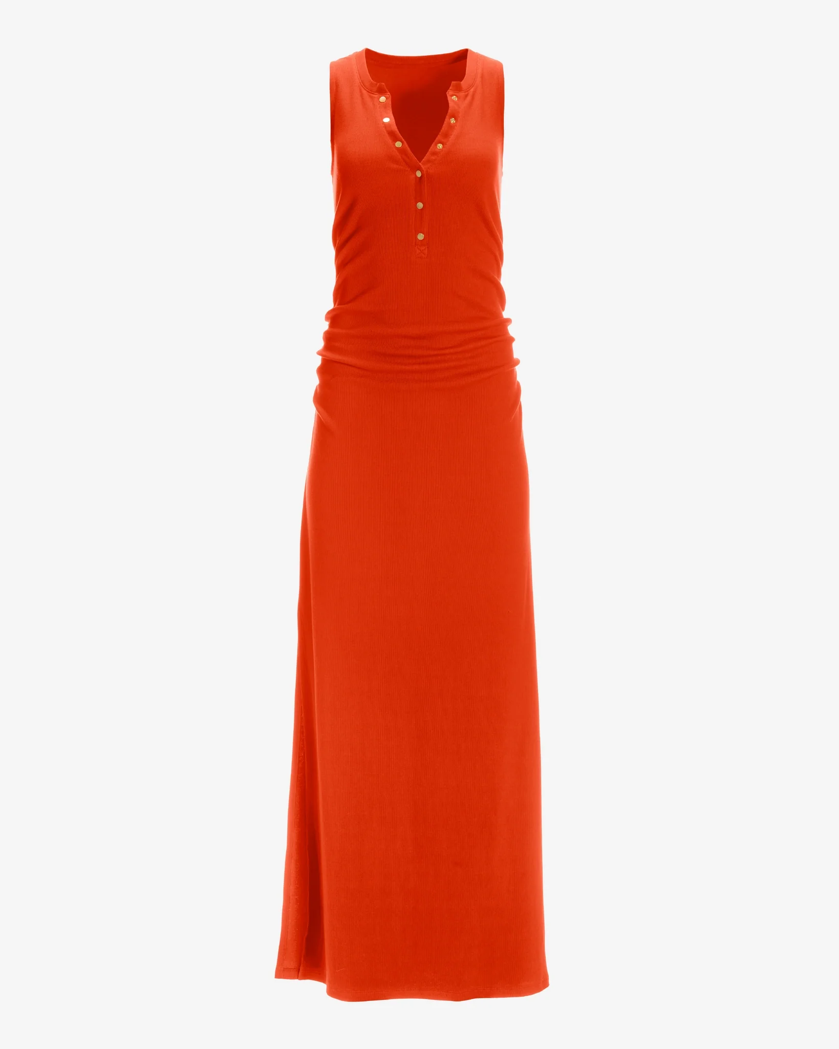Ruched Knit Henley Maxi Dress Red Orange - Mycitystee