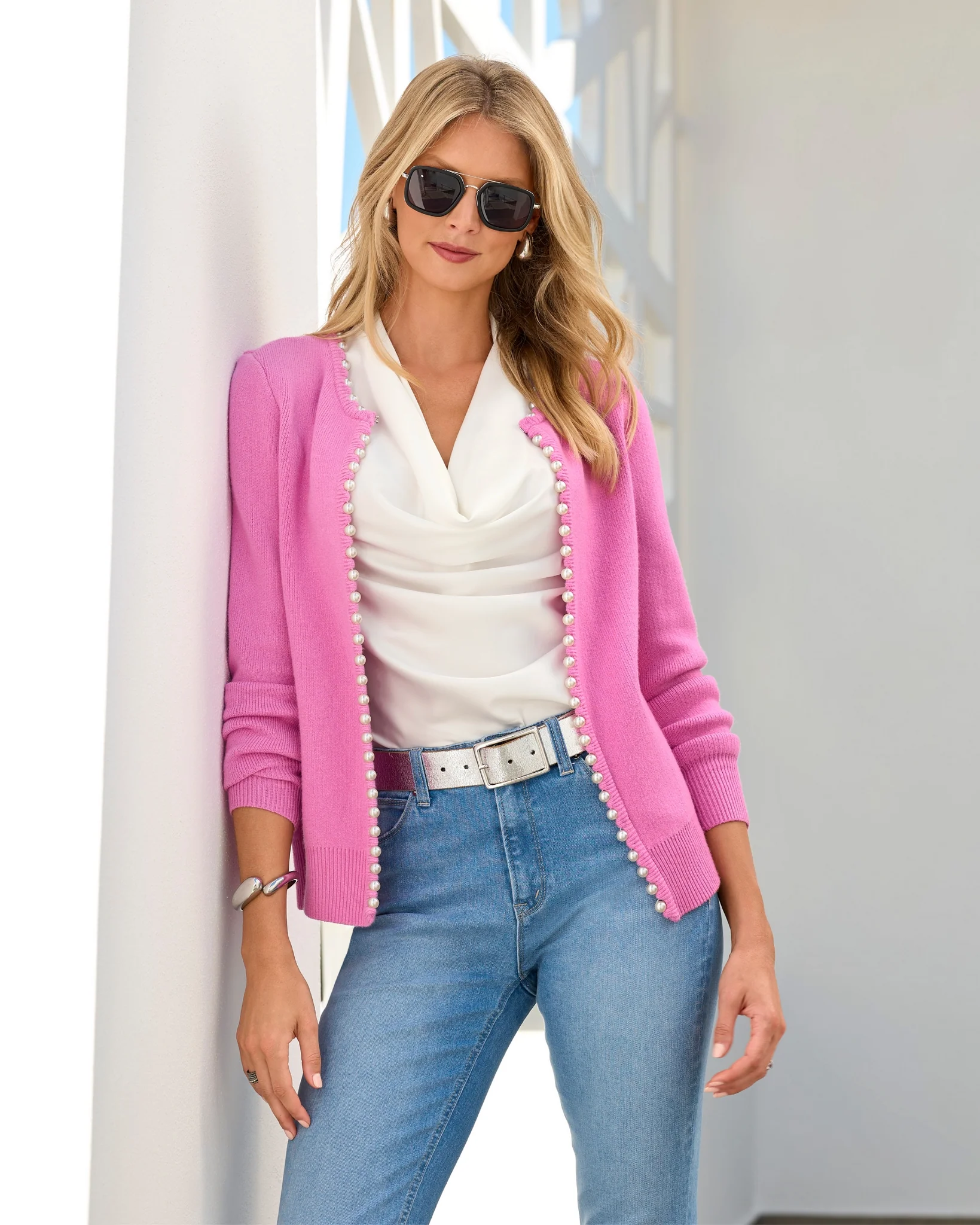 Pearl Trim Cardigan Fuchsia Pink - Mycitystee