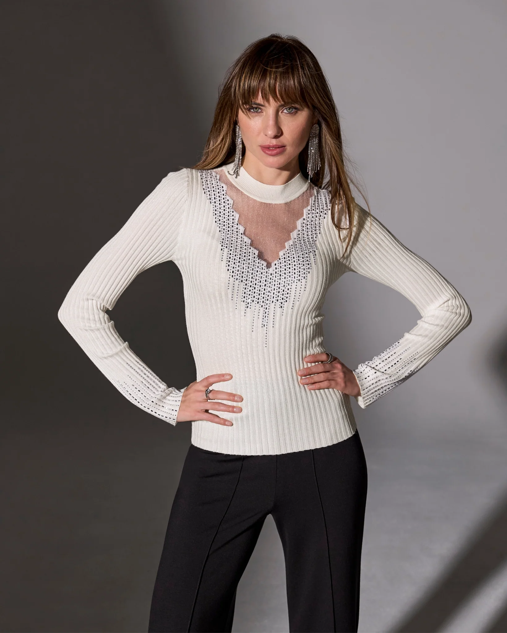 Rhinestone Embellished Mesh Illusion Sweater Off White - Mycitystee