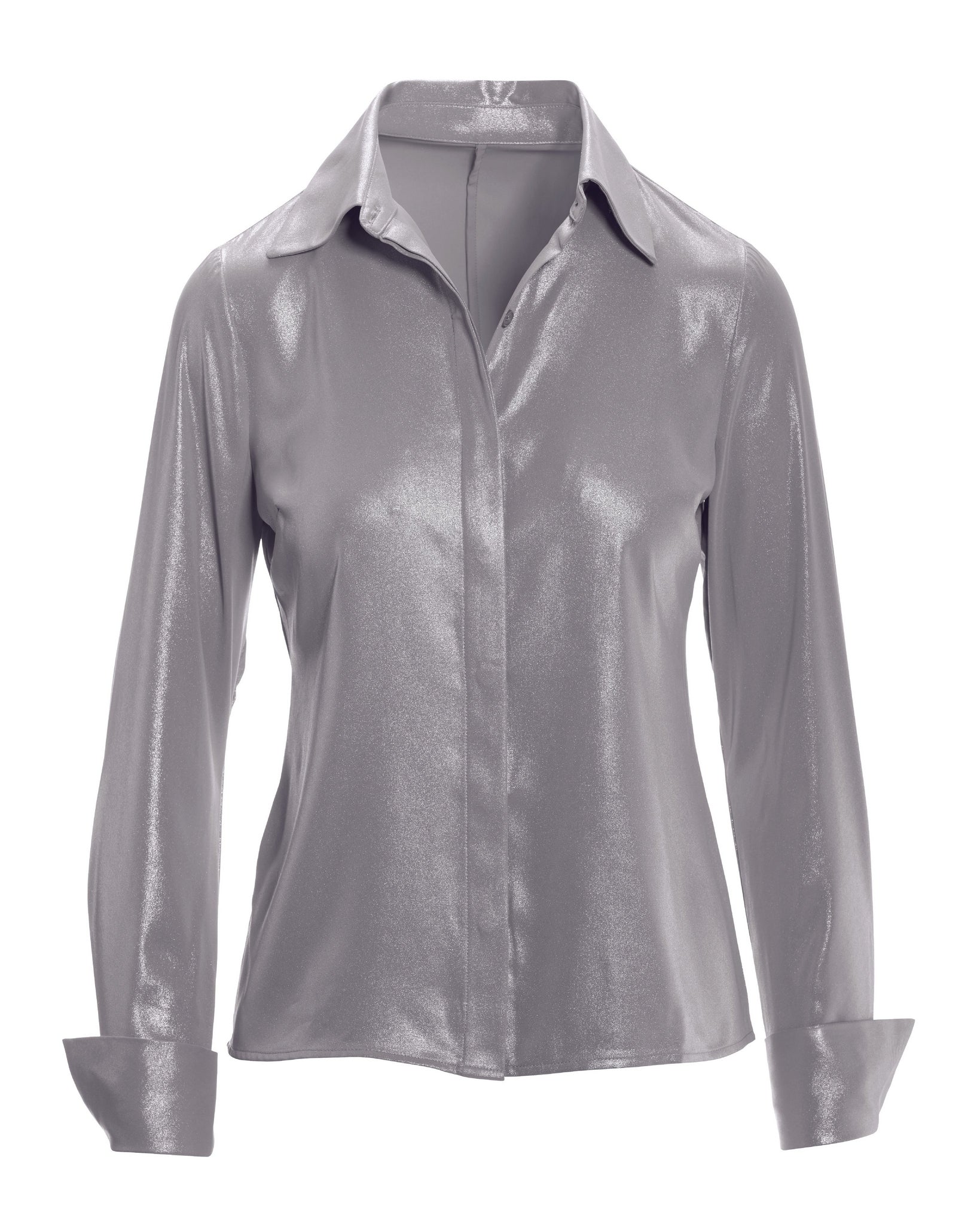 Sophia Button Up Metallic Blouse Silver Metallic - Mycitystee