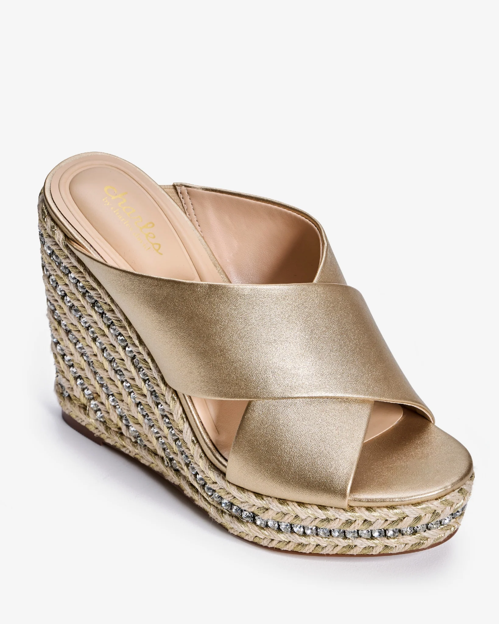 Metallic Criss Cross Rhinestone Wedge Gold - Mycitystee