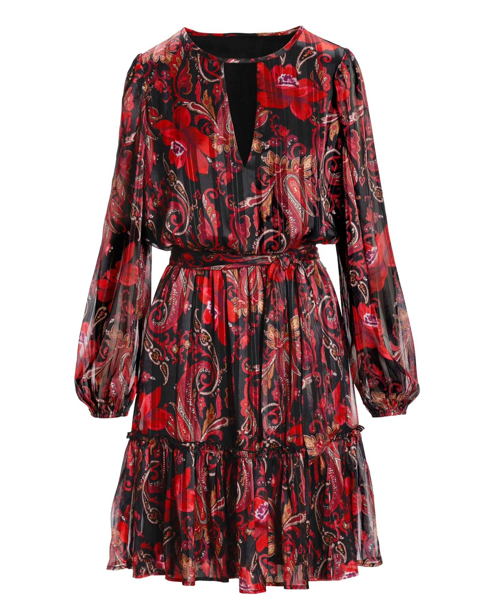 Paisley Garden Mix Print Keyhole Fit and Flare Dress Red/Black - Mycitystee