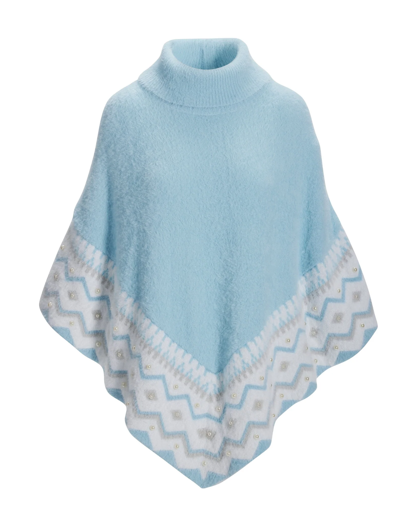 Plush Fair Isle Pearl Embellished Poncho Airy Blue - Mycitystee