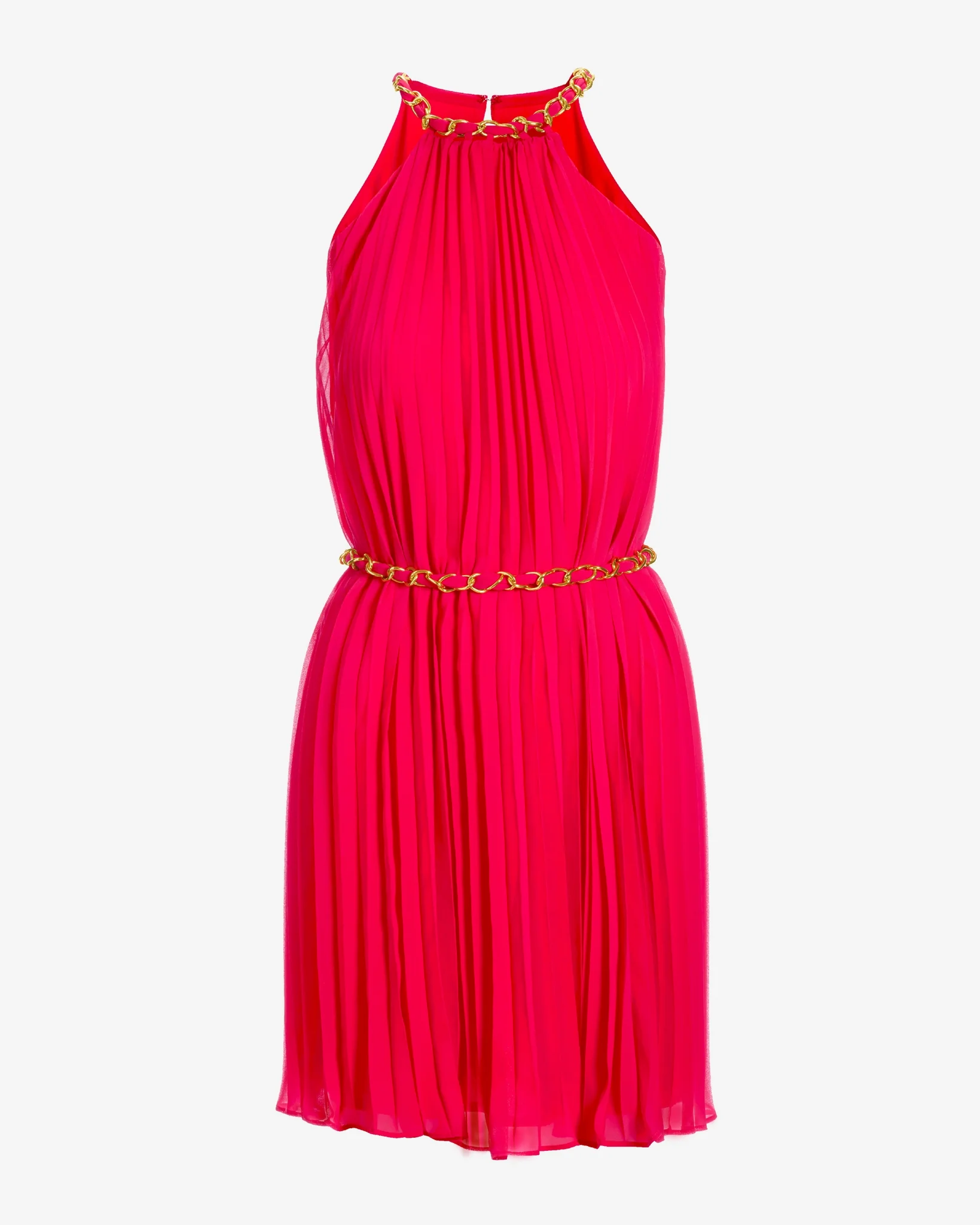 Chain Detail High neck Pleated Fit and Flare Dress Pink - Mycitystee