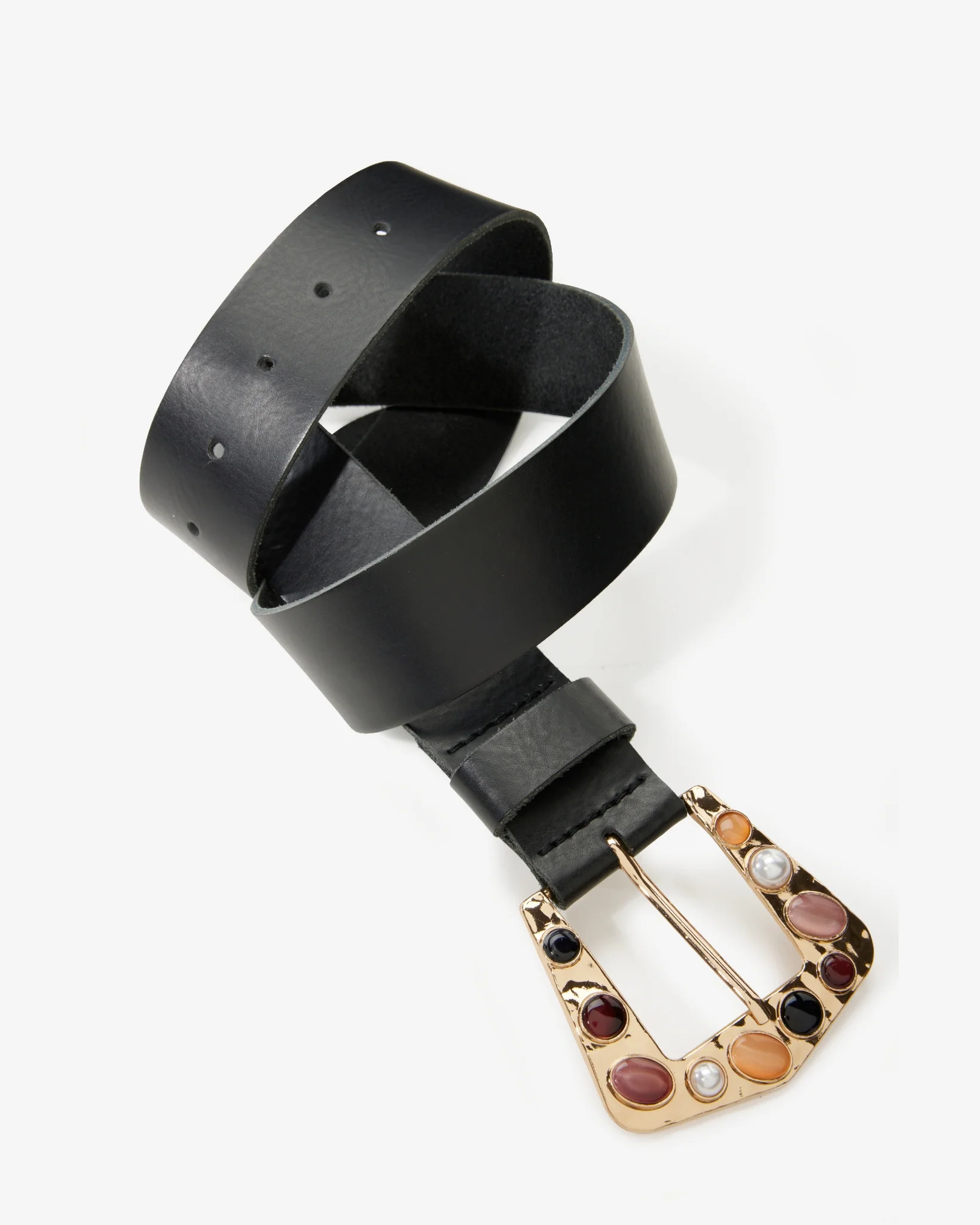 Hammered Gold with Stones Buckle Belt Black - Mycitystee