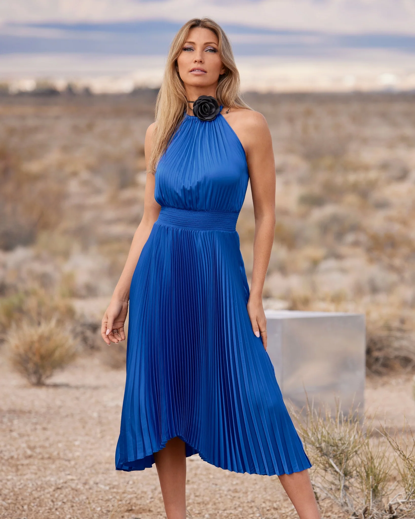 Pleated High Neck Blouson Midi Dress Lapis Blue - Mycitystee
