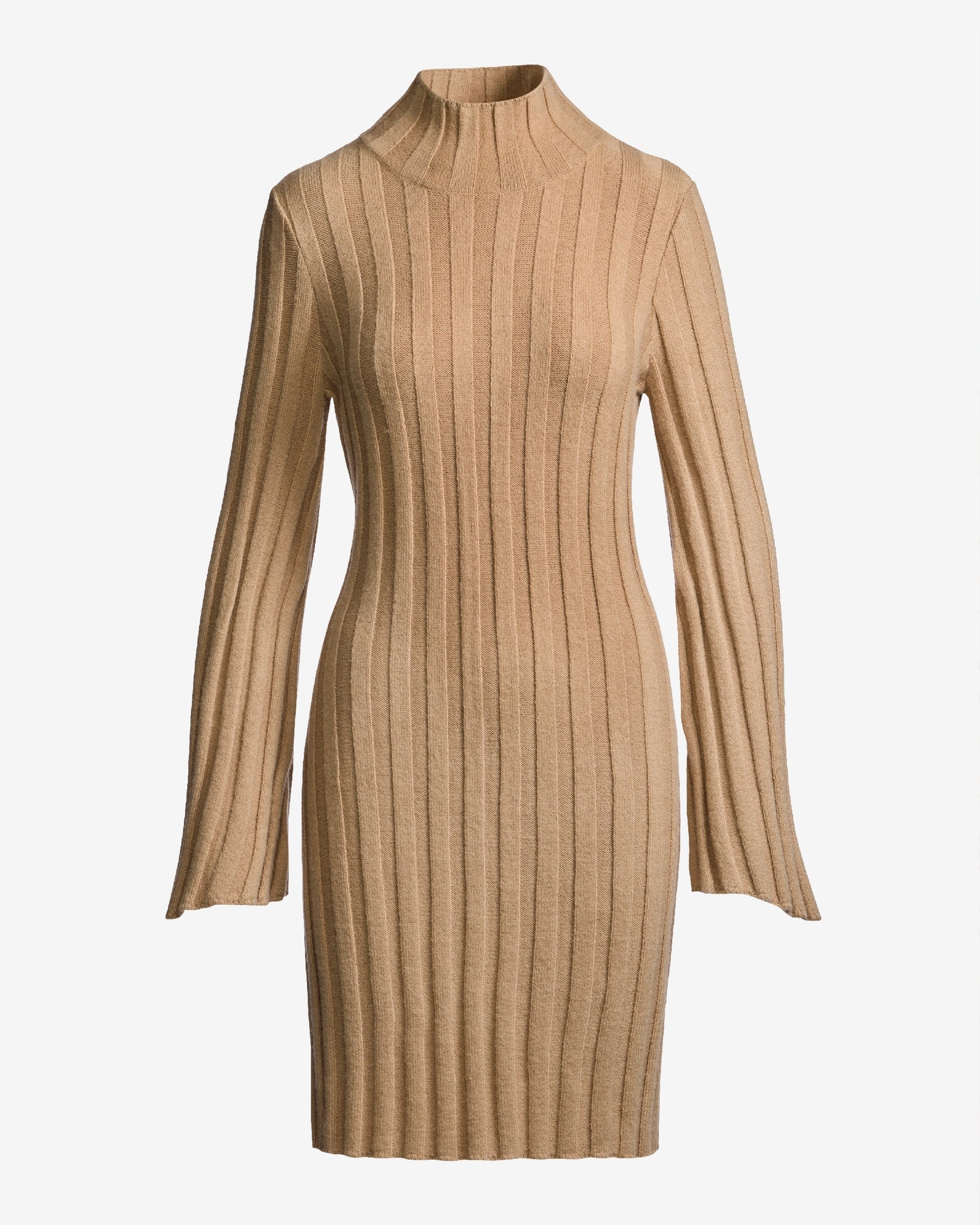 Turtleneck Bell Sleeve Wide Rib Sweater Dress Camel - Mycitystee