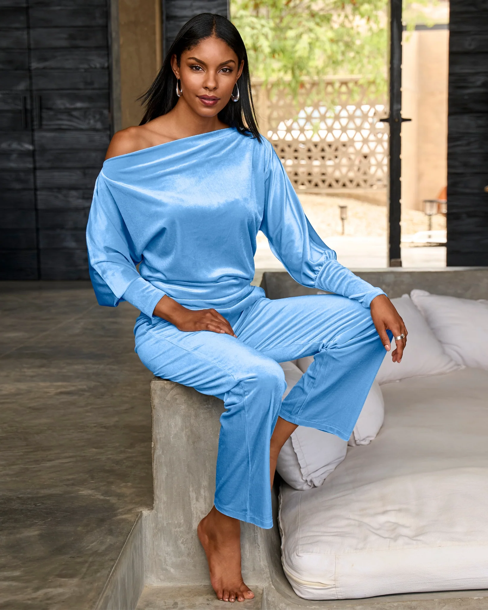 Chic Velour Slouchy and Wide Leg Lounge Set Light Blue - Mycitystee