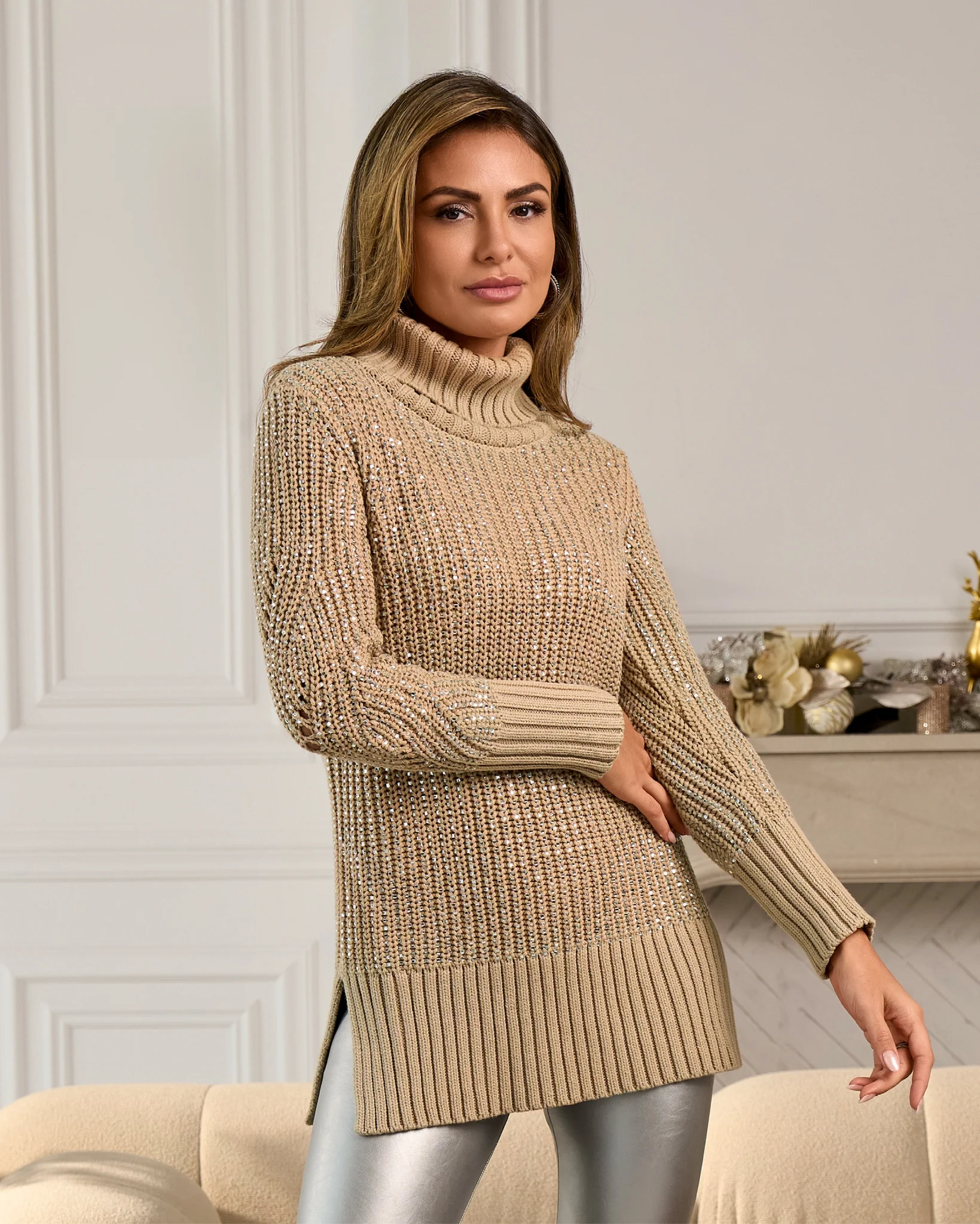 Embellished Turtleneck Sweater Sesame - Mycitystee