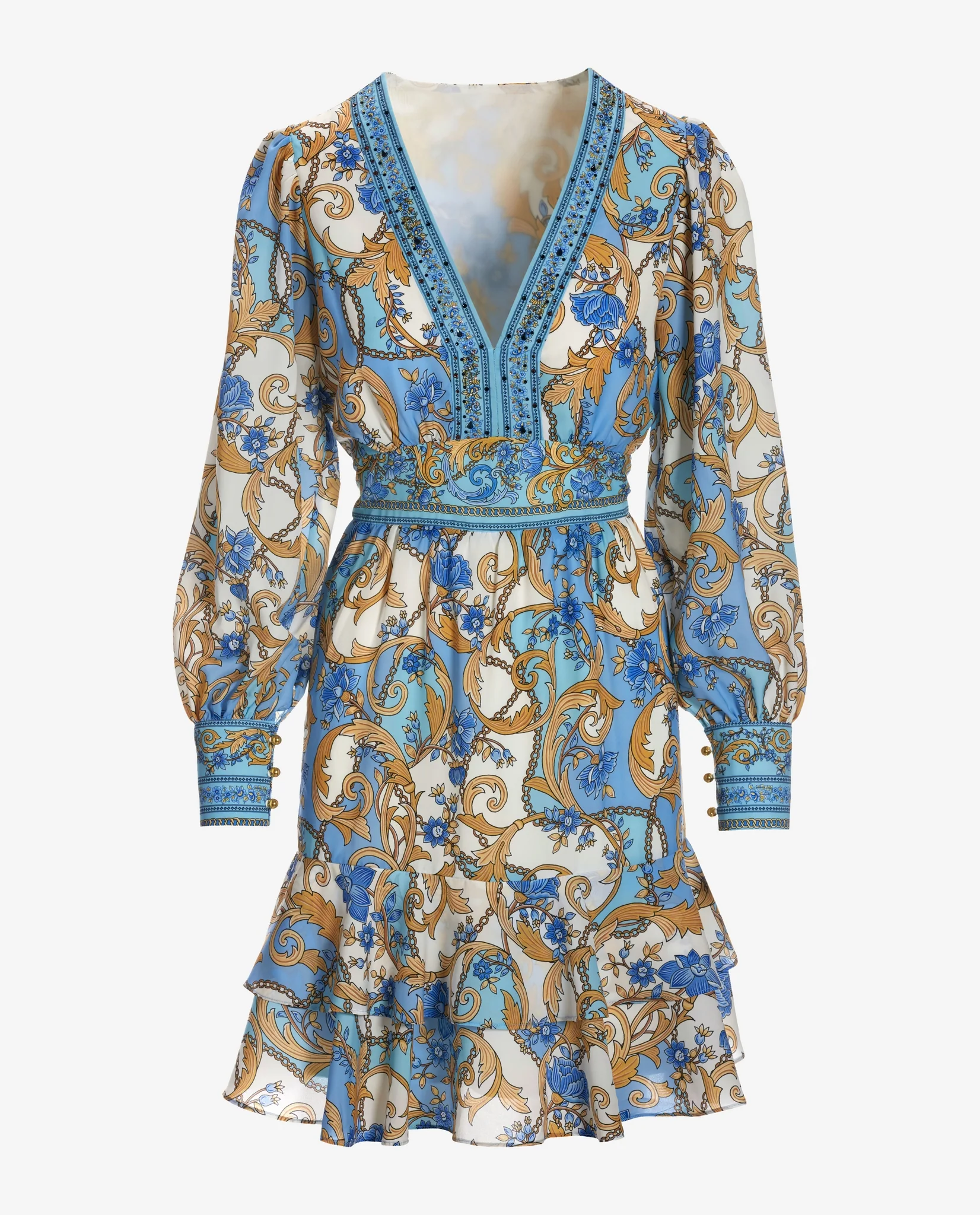 Regal Resort Patchwork Print Embellished A-Line Dress Blue/Gold - Mycitystee