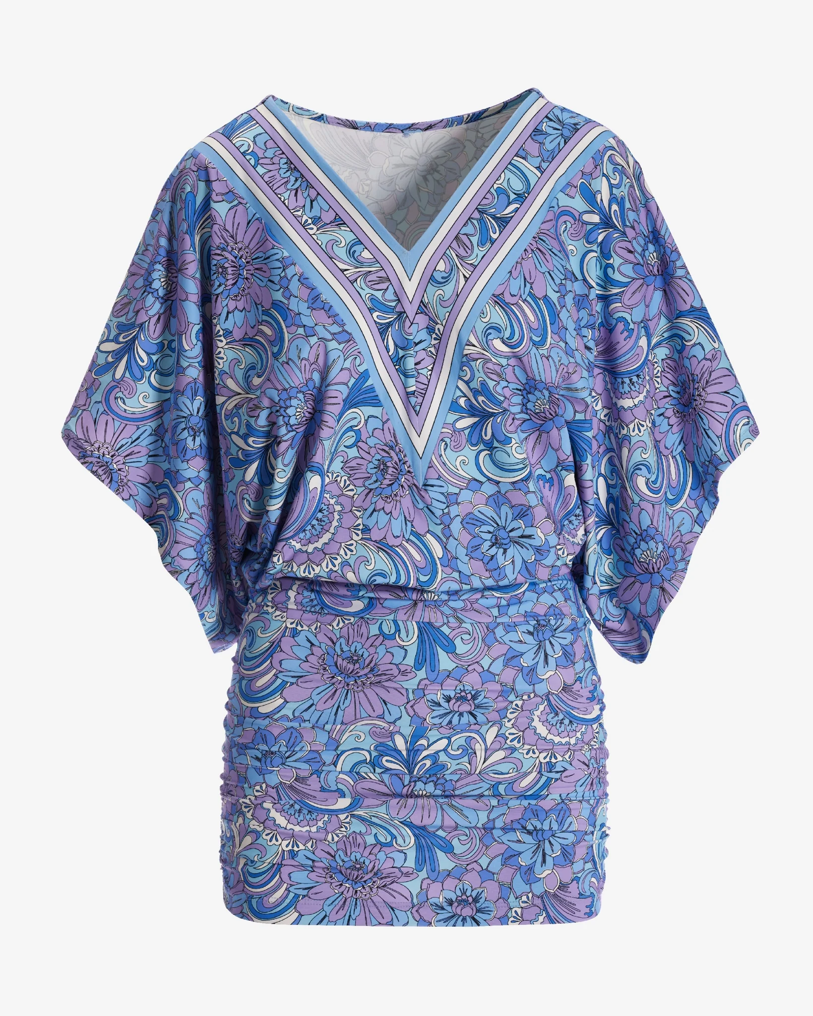 Swim Sense Exploded Blooms V Neck Ruched Coverup Blue - Mycitystee