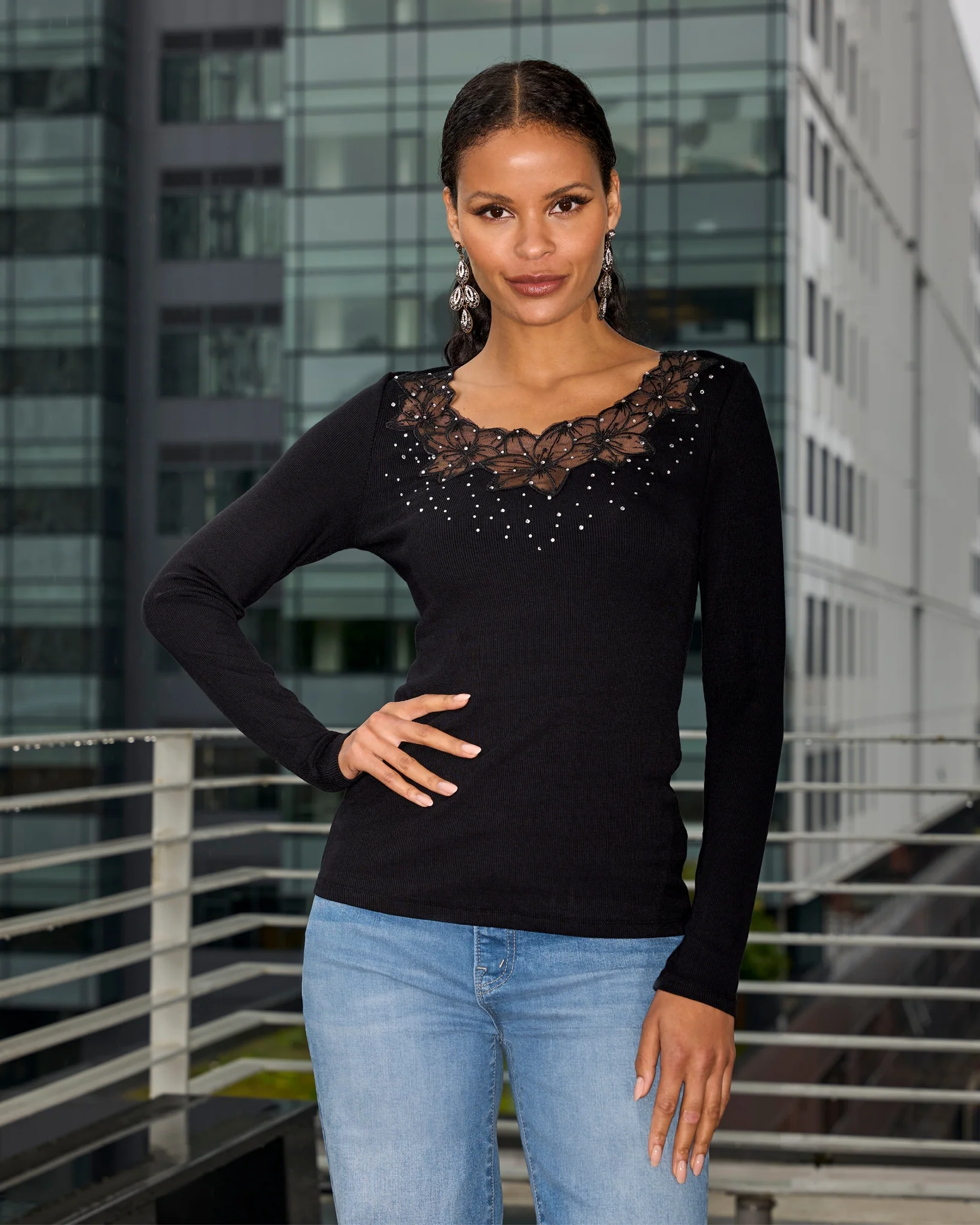 So Essential Mesh Floral Long Sleeve Ribbed Top Black - Mycitystee