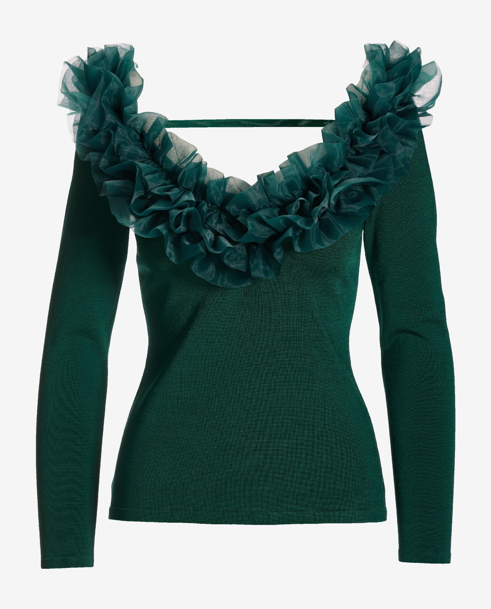 Organza Ruffle V Neck Sweater Deep Emerald - Mycitystee