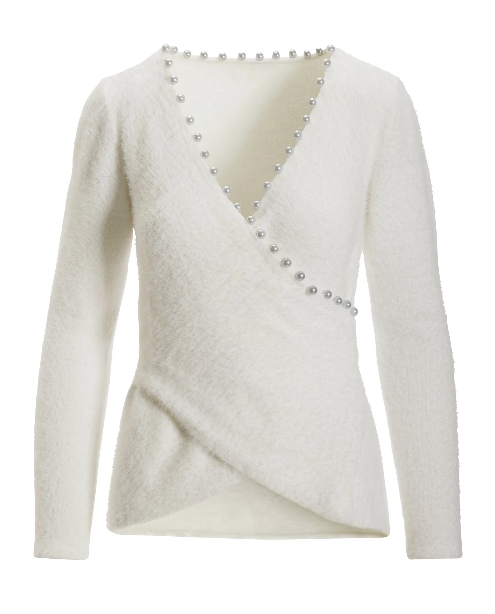 Pearl Trim Plush Surplice Sweater Off White - Mycitystee