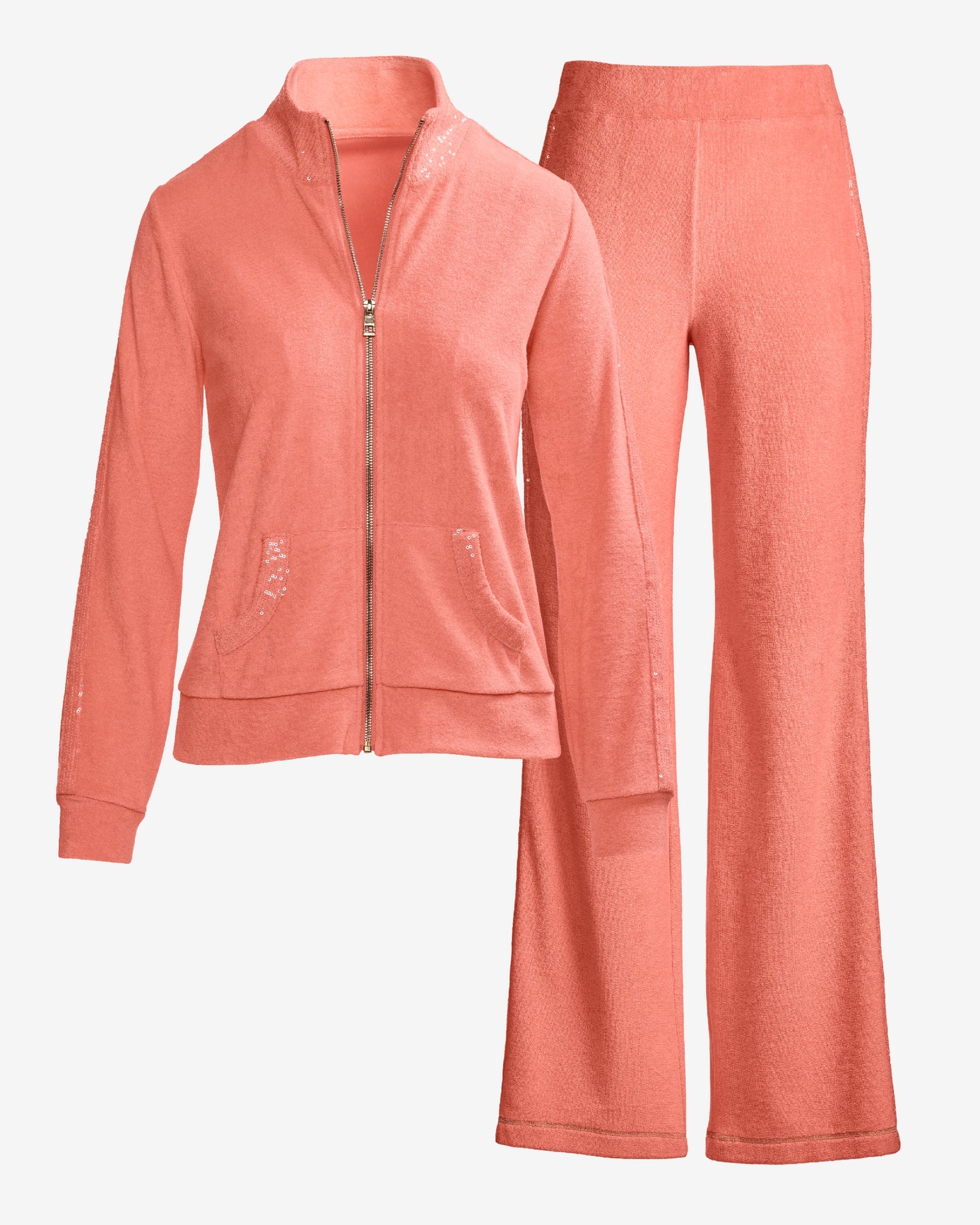 Beach Terry Sequin Trim Jacket and Pant Set Shell Pink - Mycitystee