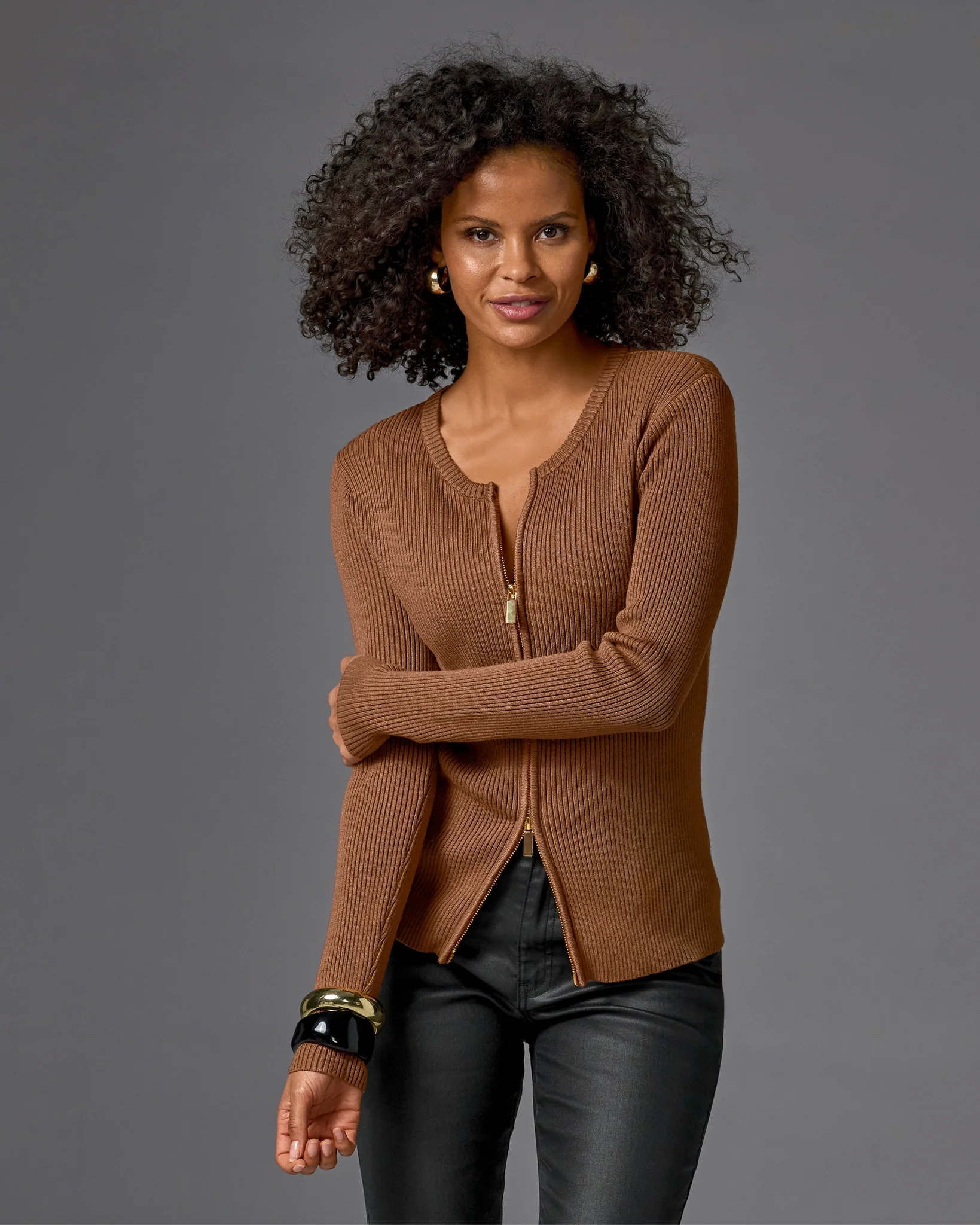 Ribbed Collarless Full Zip Cardigan Toffee - Mycitystee