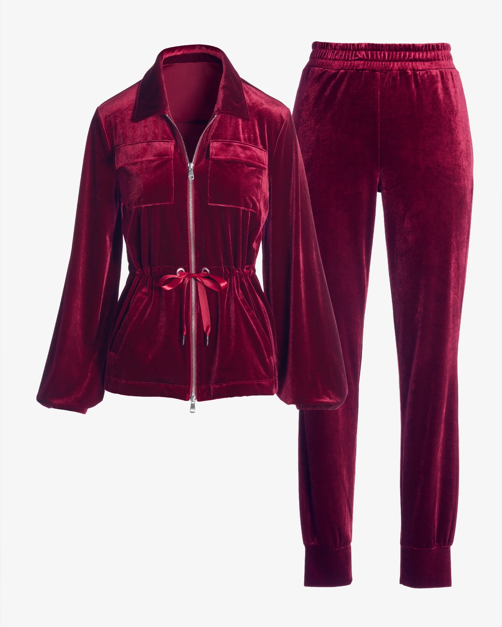 Chic Velour Drawstring Jacket and Jogger Set Burgundy - Mycitystee