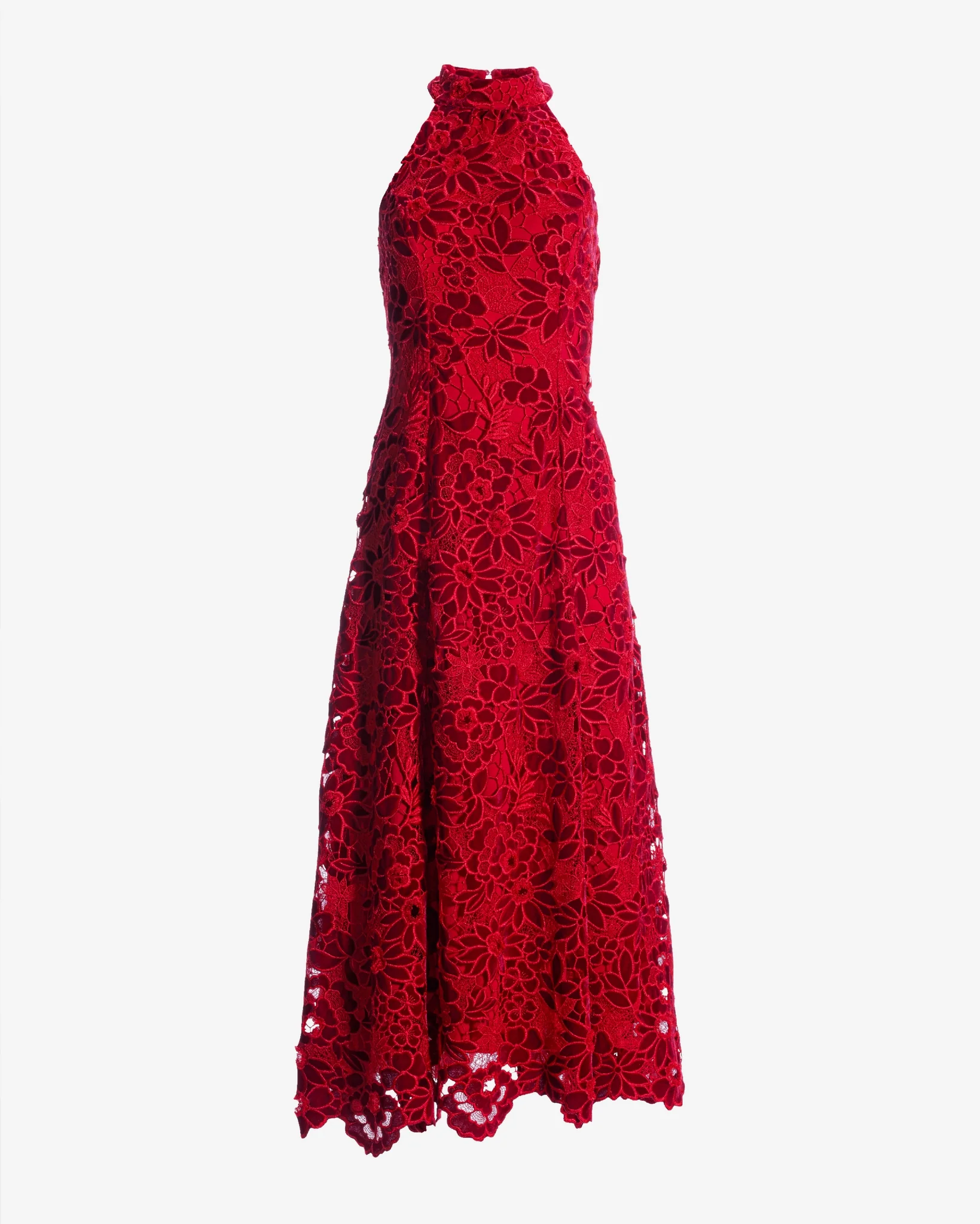 Mock Neck Velvet Lace Midi Dress Racing Red - Mycitystee
