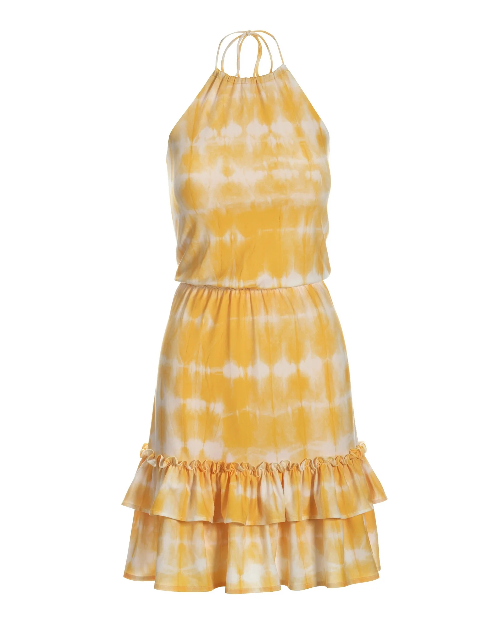 Golden Dye Print Cinch-Waist Ruffle Dress Yellow - Mycitystee