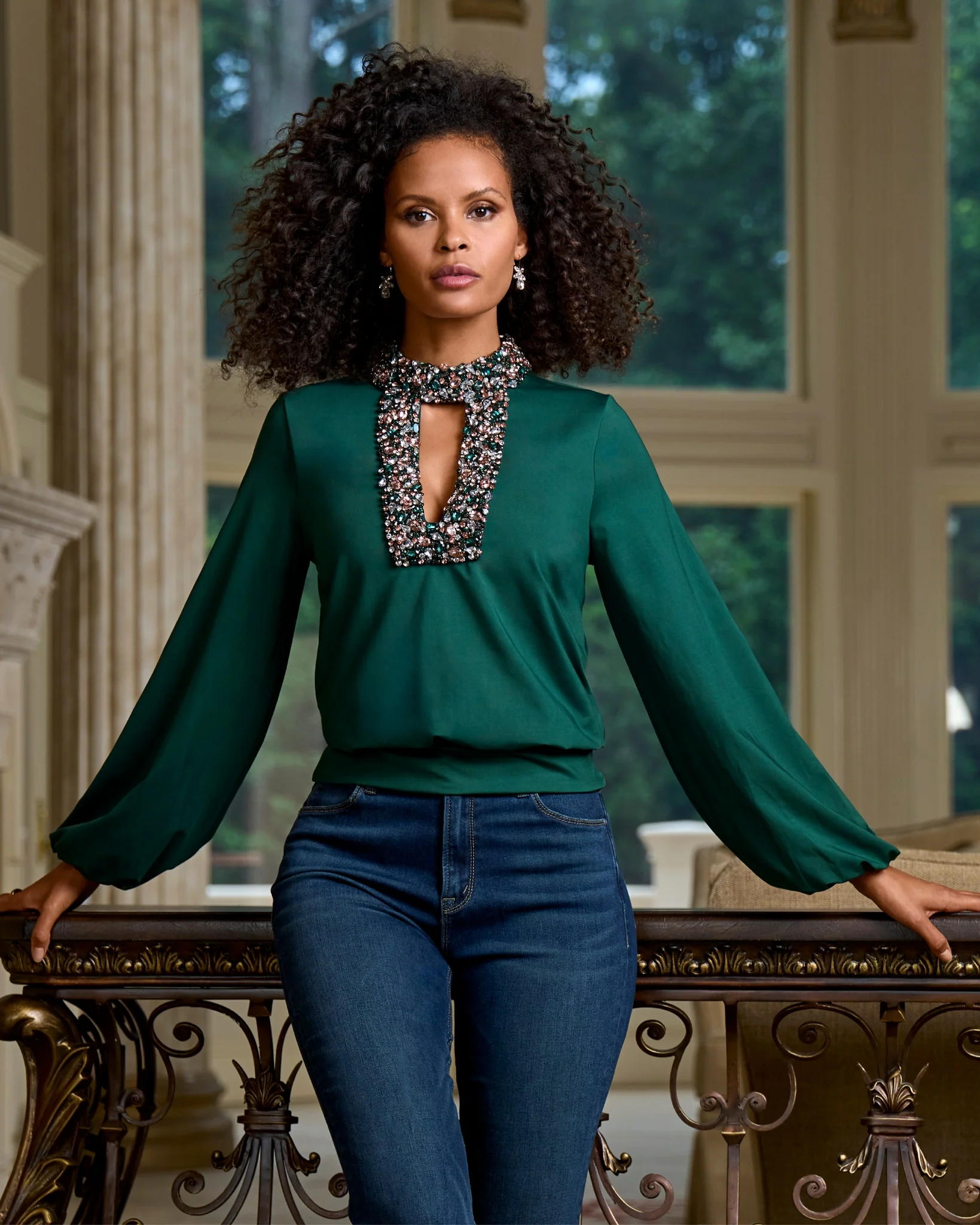 Embellished Keyhole Blouson Top Deep Emerald - Mycitystee