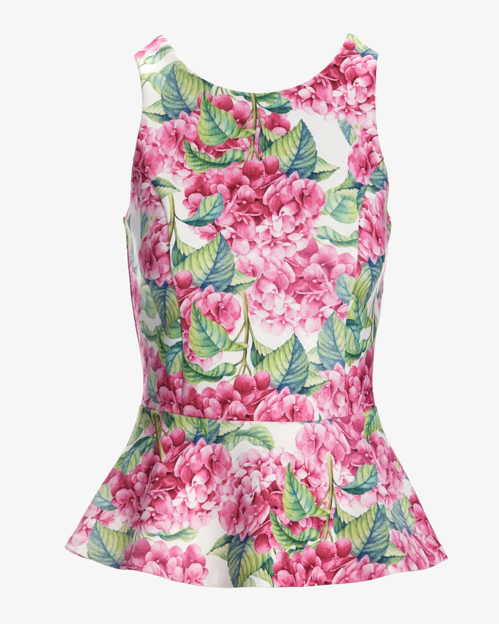 Hydrangea Fleurs Scuba Peplum High Neck Top Pink - Mycitystee