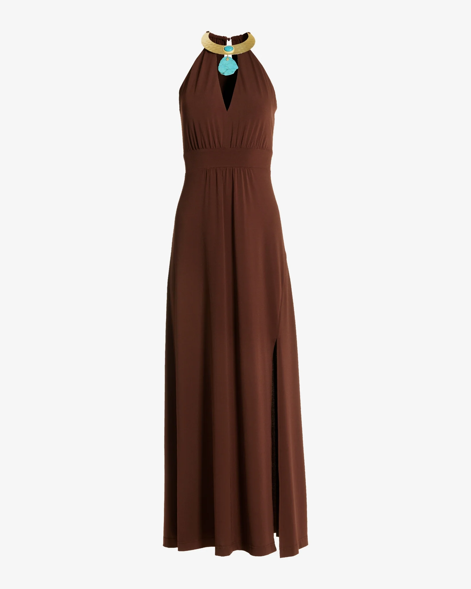 Turquoise Hardware Halter Knit Maxi Boho Dress Chocolate - Mycitystee