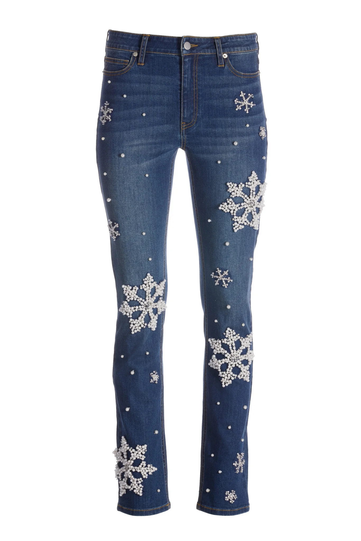 Pearl Embellished Snowflake Jean Med Wash Denim - Mycitystee