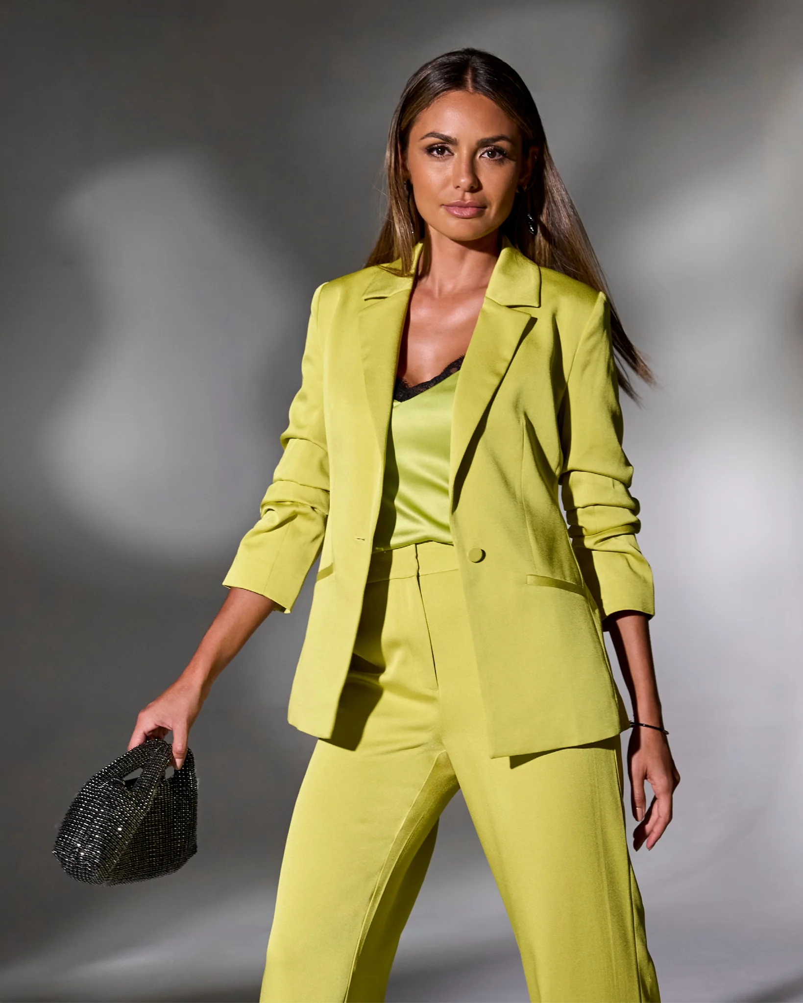 Ruched Sleeve Matte Satin Single Button Blazer Citronelle - Mycitystee