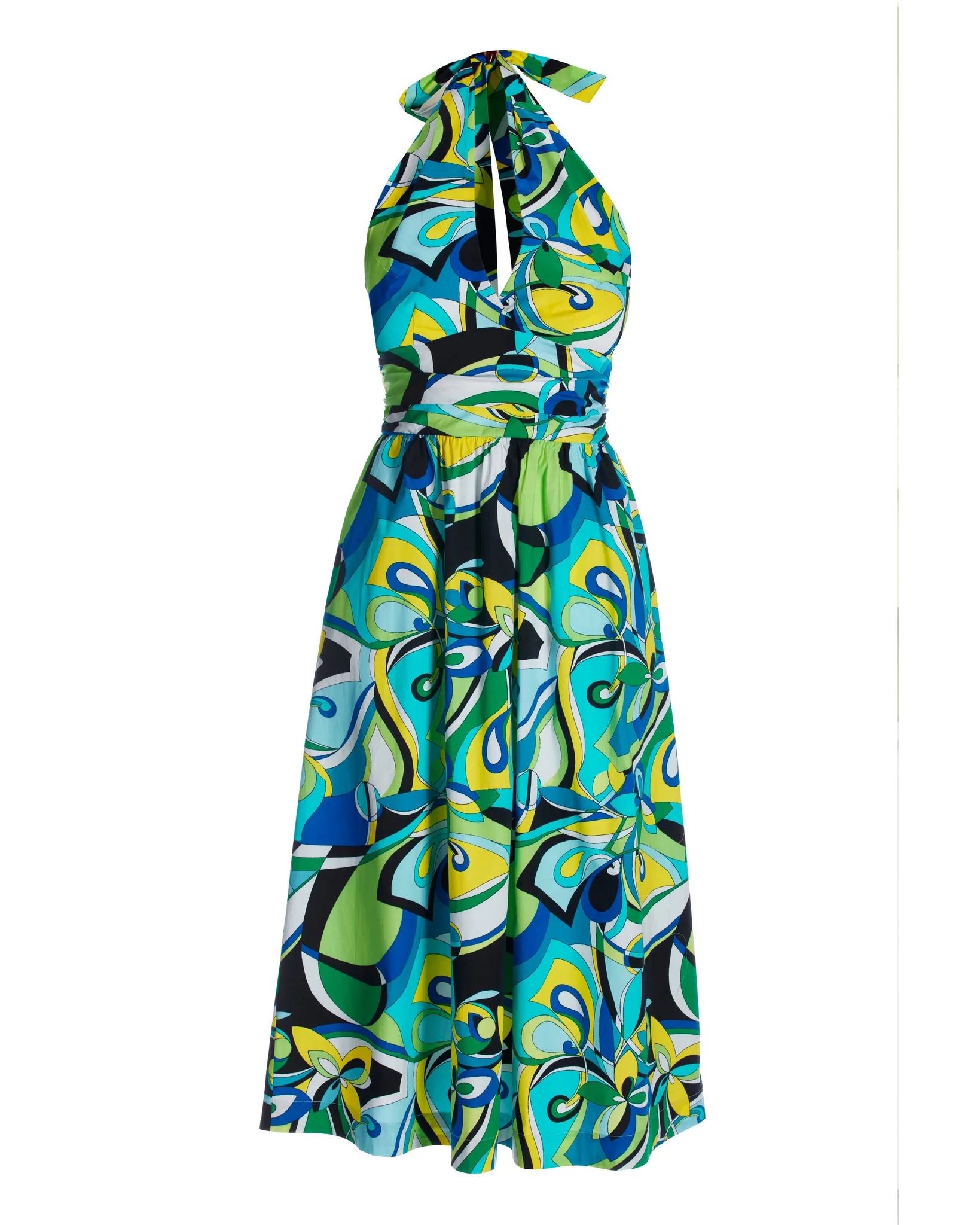 Valencia Abstract Print Halter Fit and Flare Midi Dress Blue Green - Mycitystee