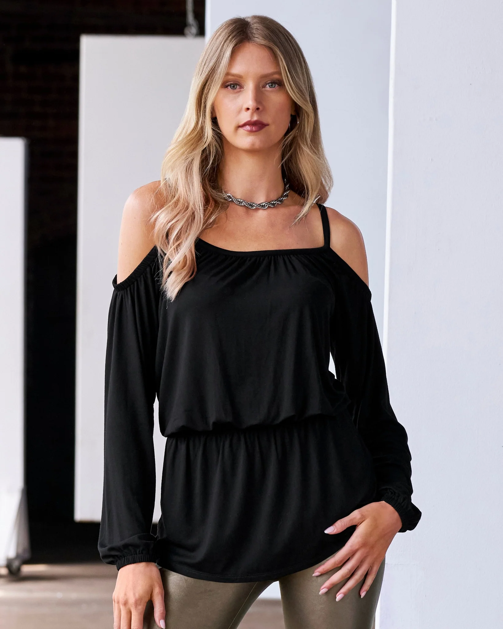 Cold Shoulder Knit Blouson Tunic Black - Mycitystee