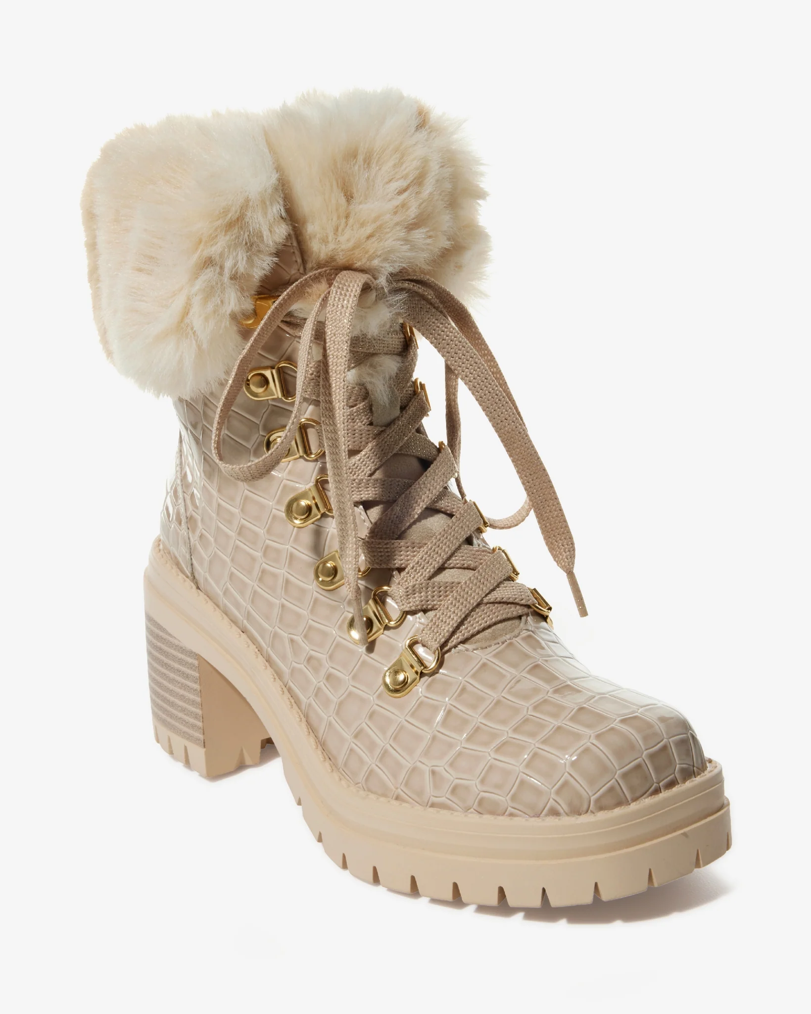 Croco Fur Lace Up Bootie Neutral - Mycitystee