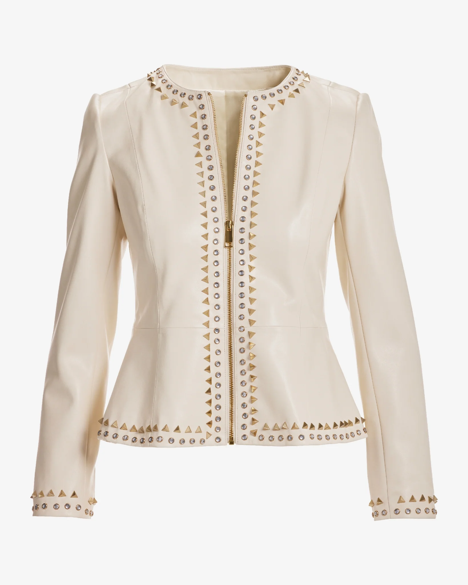 Crystal and Stud Trim Faux Leather Zip Up Peplum Jacket Bone - Mycitystee
