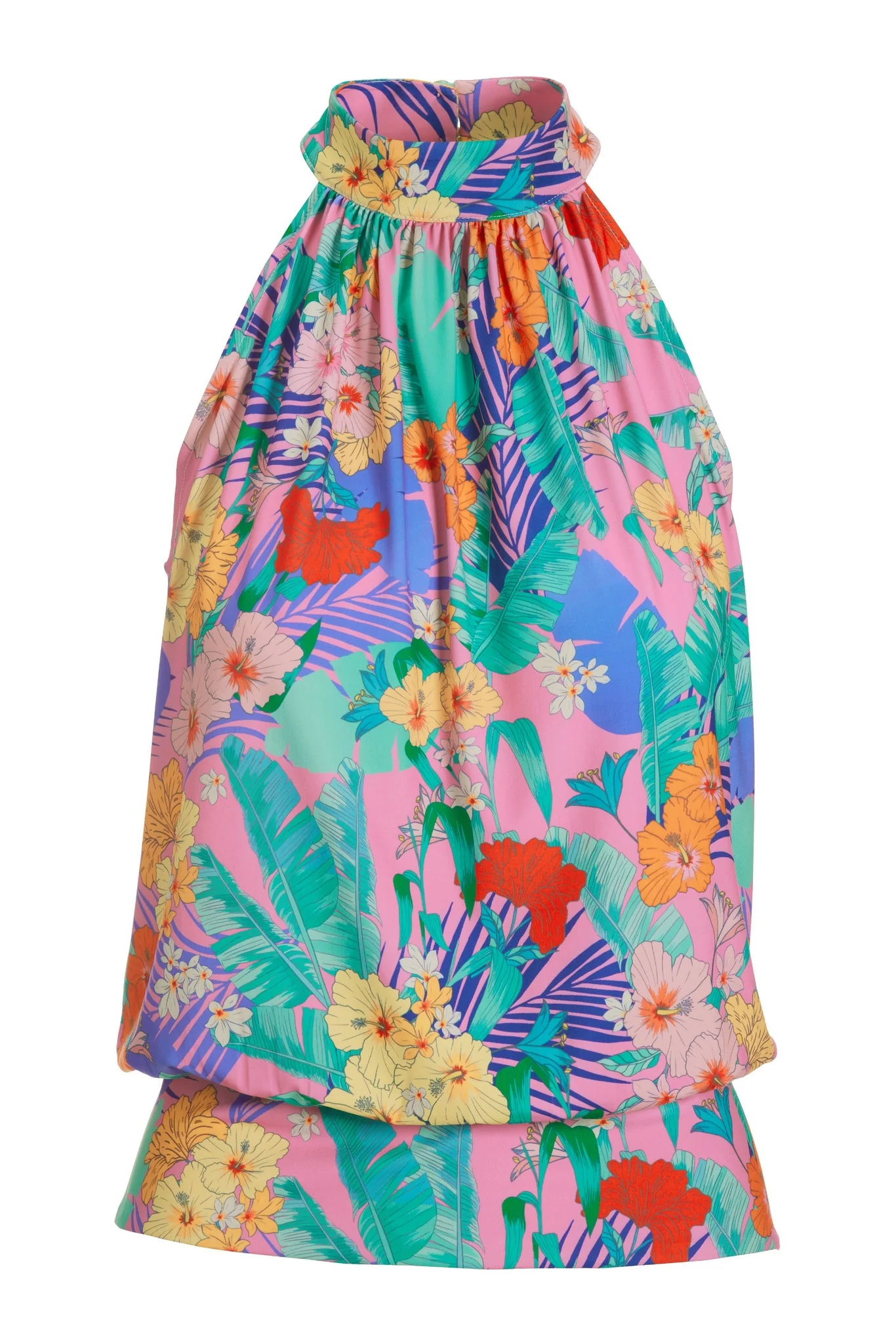 Tropical Mock Neck Halter Banded Bottom Top Multi - Mycitystee
