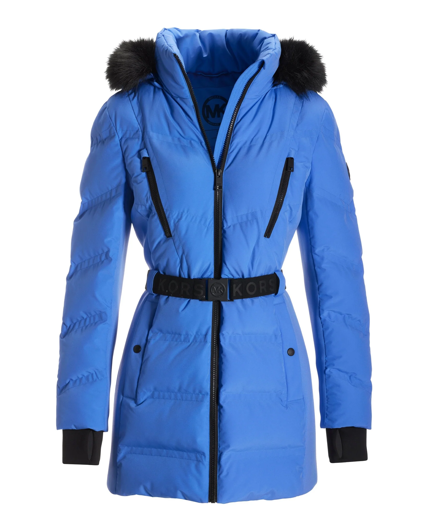 Faux Fur Trim Shaped Belted Puffer Jacket Blue - Mycitystee