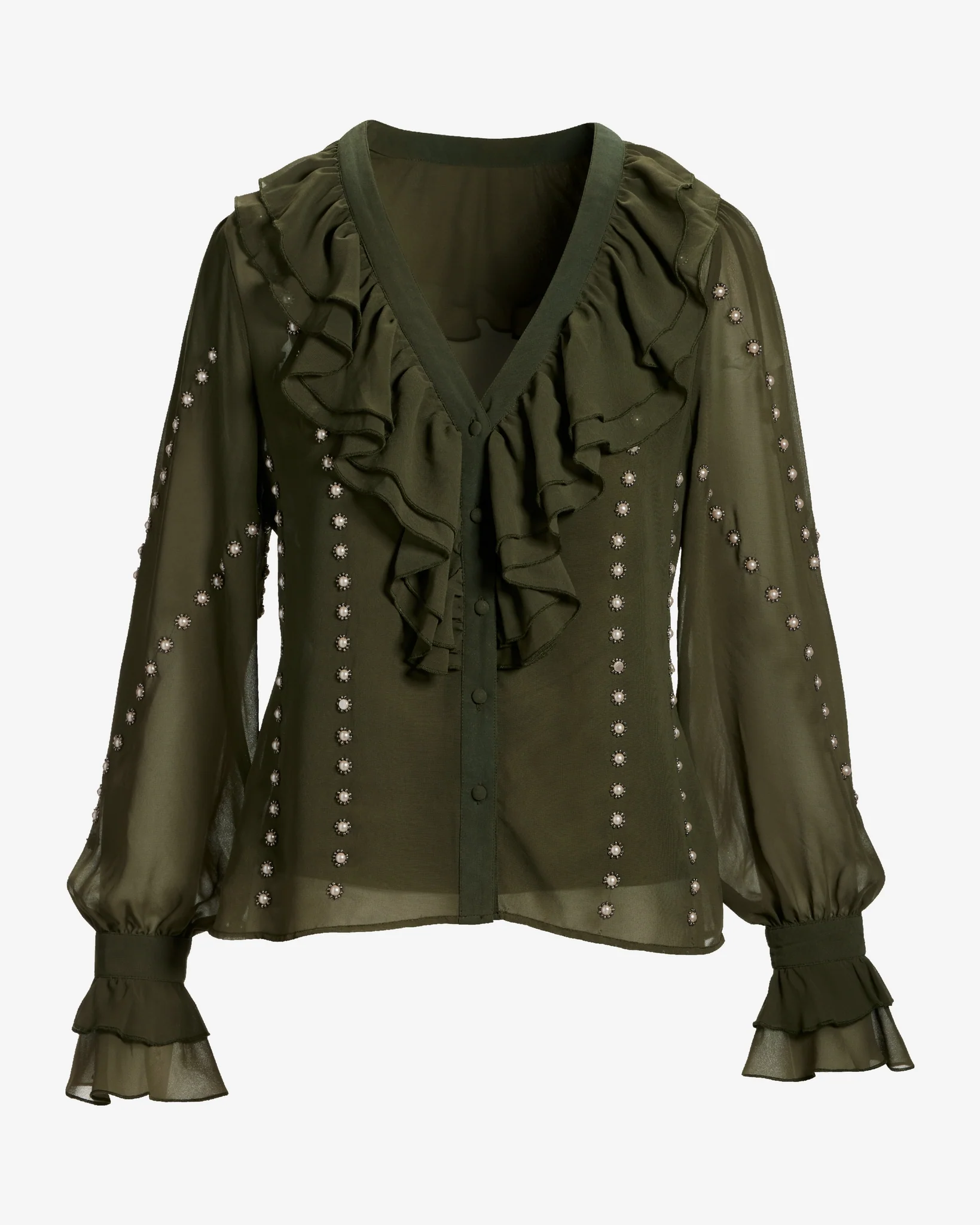 Parisian Pearl Embellished Ruffle Blouse Olive Night - Mycitystee
