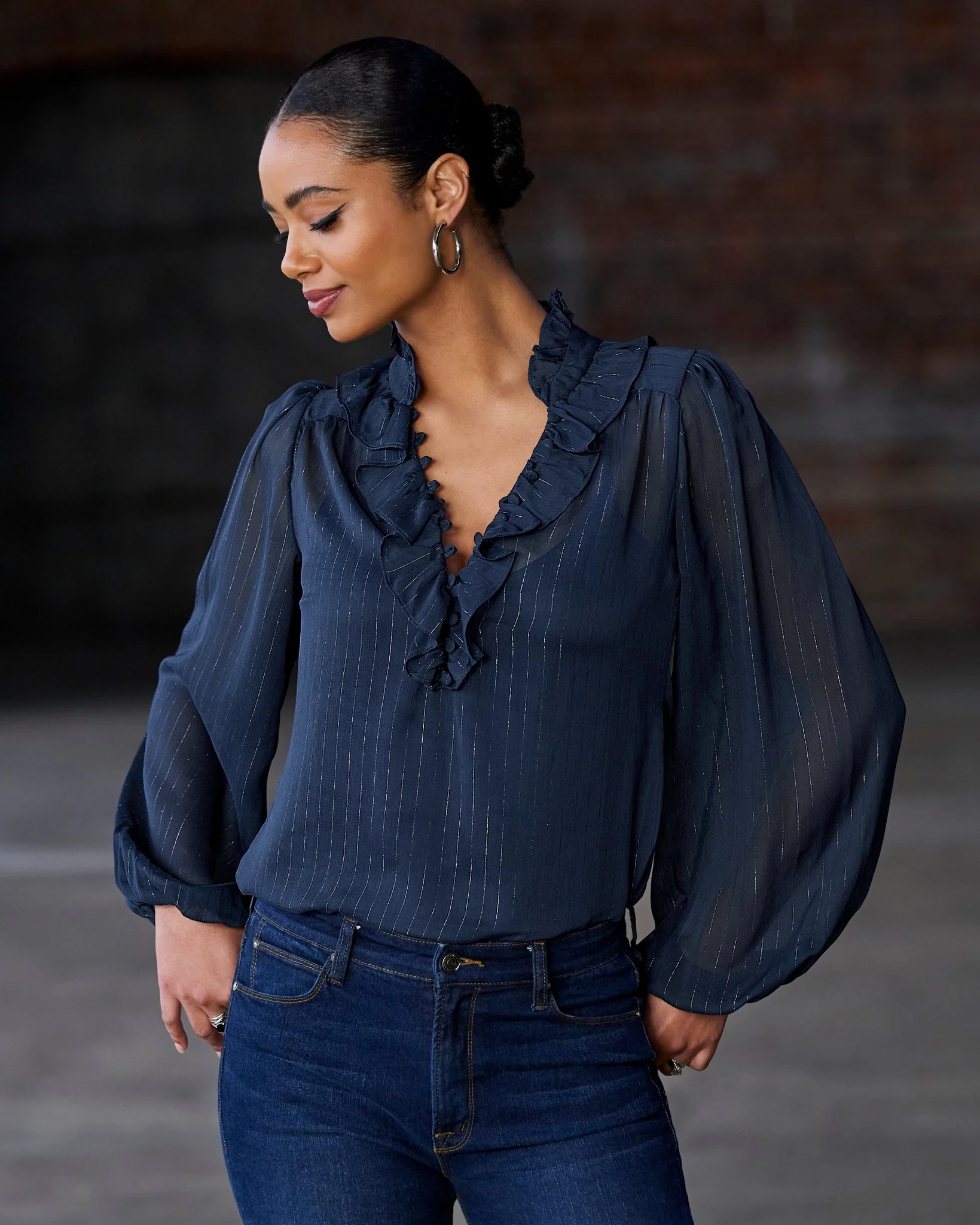 Shimmer Detail Ruffle Peasant Blouse Navy - Mycitystee