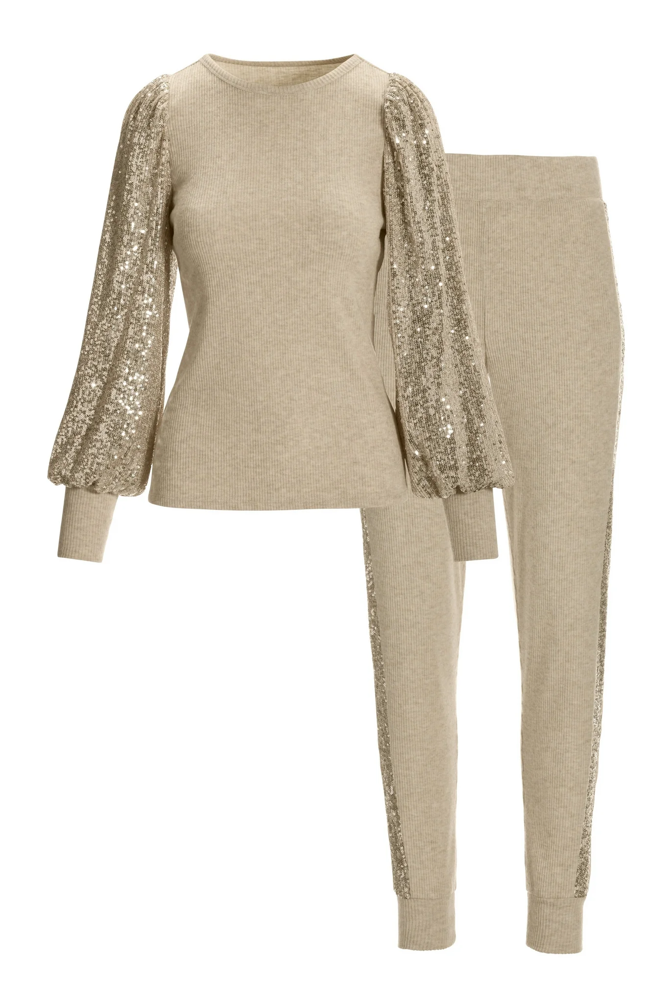 So Soft Sequin Balloon-Sleeve Knit Lounge Set Oatmeal - Mycitystee