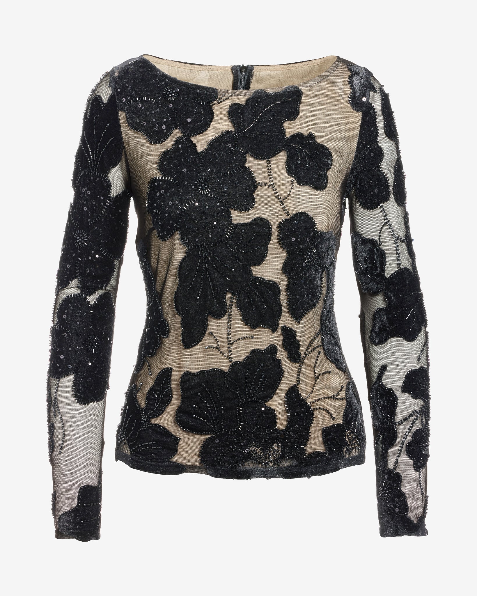 Flower Applique Mesh Long Sleeve Knit Top Proper Black - Mycitystee