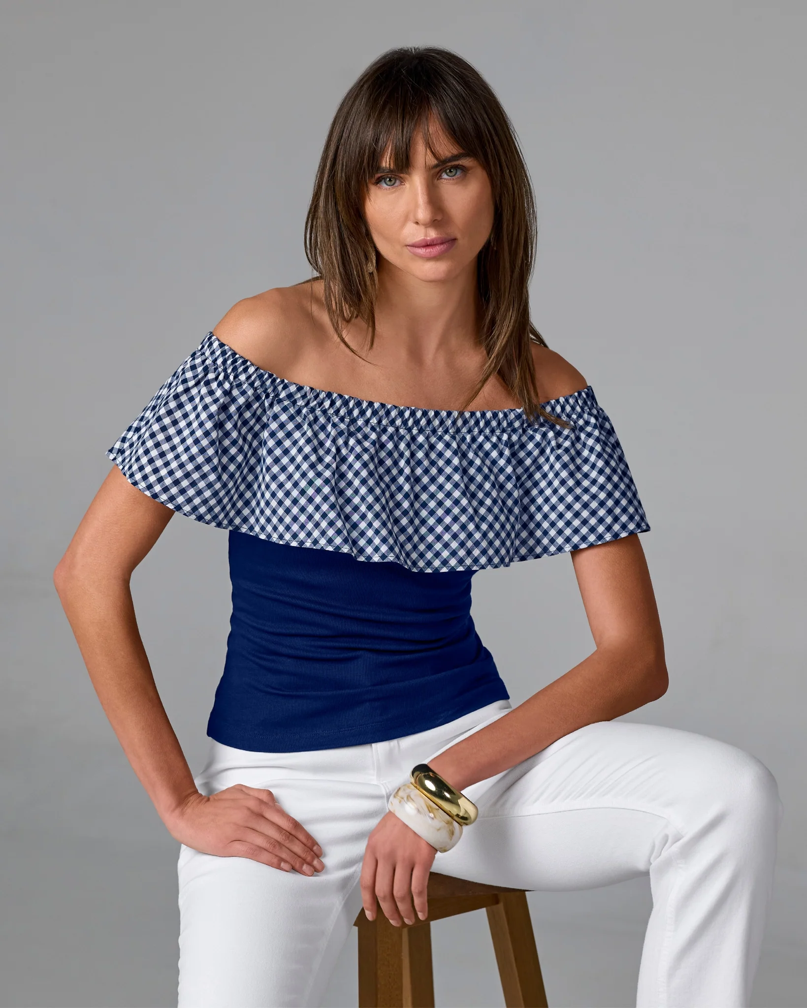 Gingham Off The Shoulder Knit Top Navy - Mycitystee