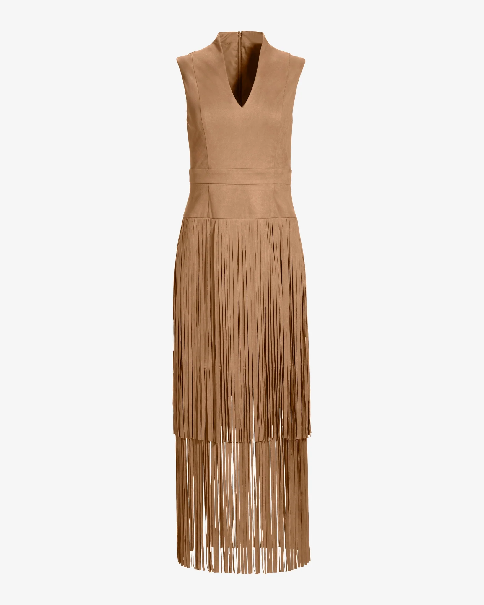 Faux Suede Tiered Fringe Midi Dress Tan - Mycitystee