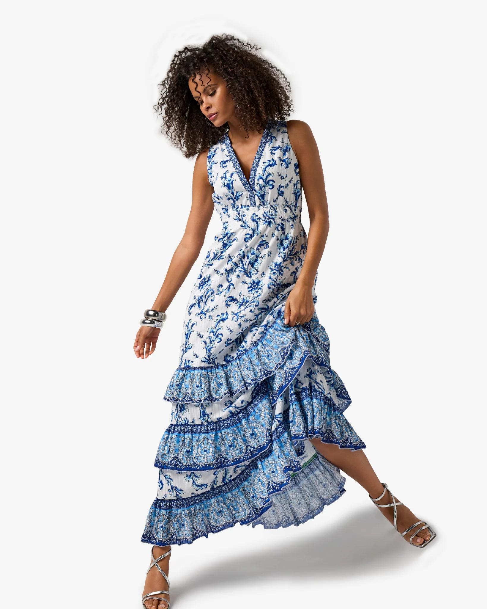 Antique Scrolls Border Print Tiered Maxi Dress Antique Scrolls - Mycitystee